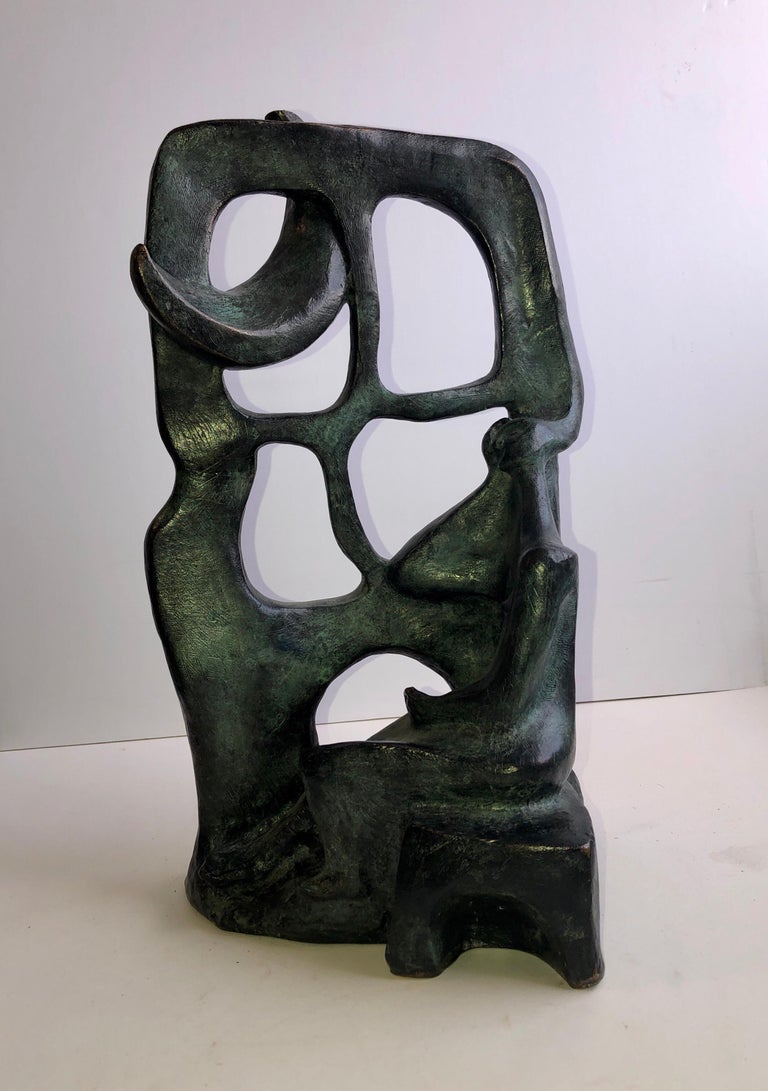 Woman In The Moonlight at the Window Latin American Bronze Modernist Sculpture For Sale 1