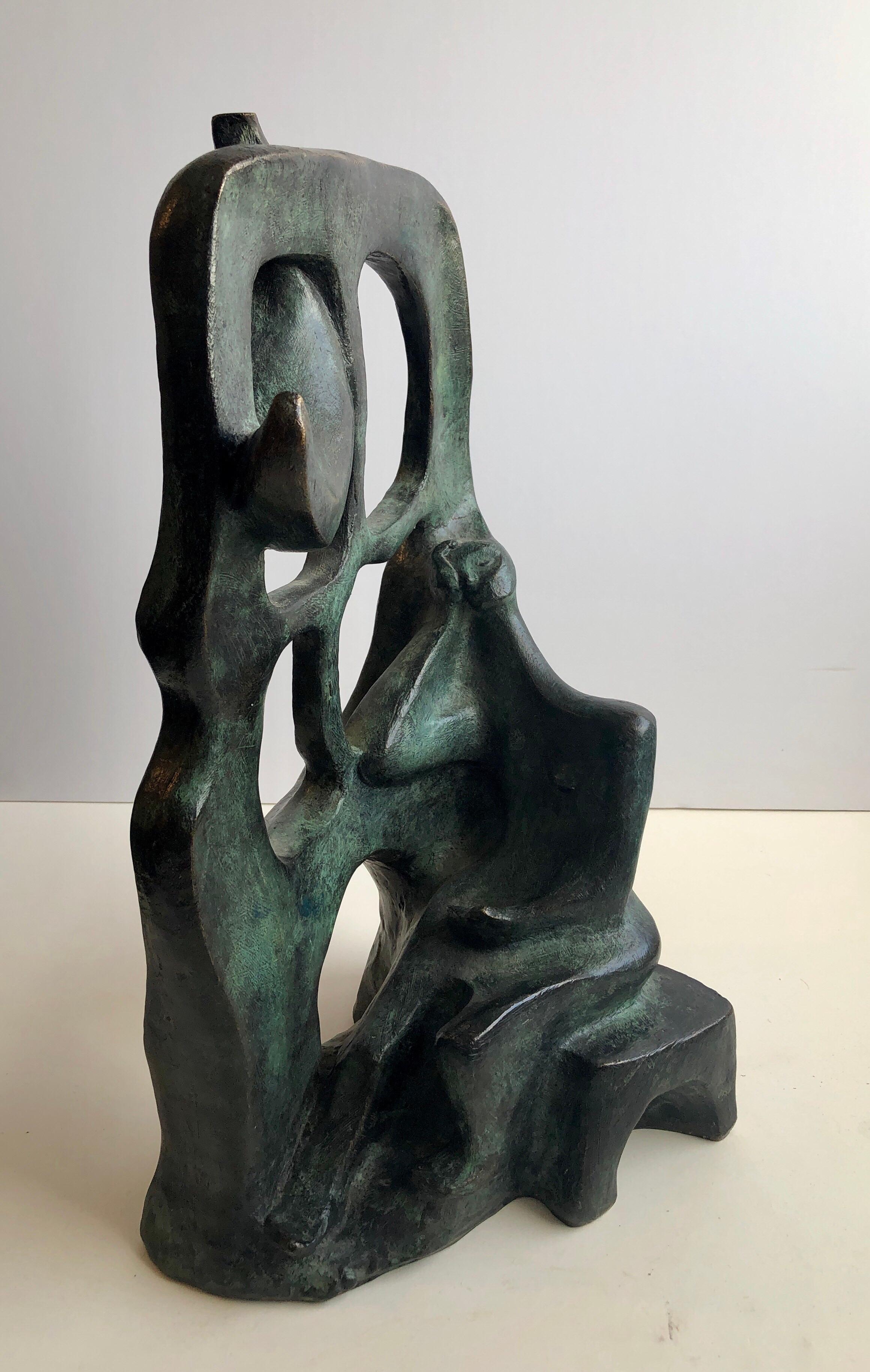 This is a large, heavy bronze sculpture with a verdigris patina. it is signed illegibly. This came from a collection of Latin American art. I believe it might be Mexican.
It bears stylicstic similarities to Mexican modernists such as José Chávez