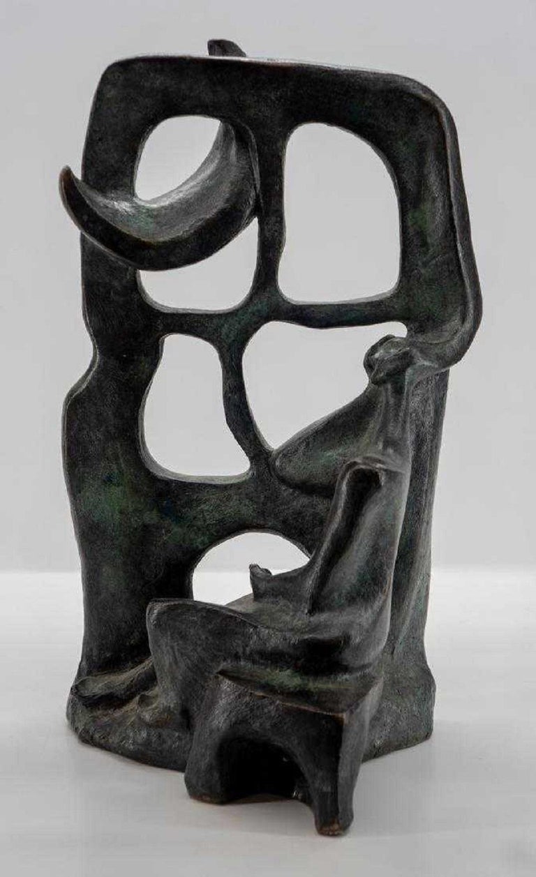 Unknown Figurative Sculpture - Woman In The Moonlight at the Window Latin American Bronze Modernist Sculpture