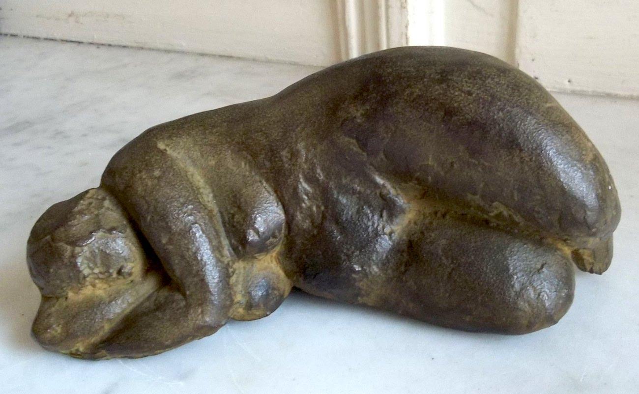 Superb modernist bronze.  Dating to the mid 20th Century, this voluptuous sleeping figure, in bronze with a fine nuanced green patina, is a monumental miniature. 
Reminiscent of the sculptures of Antoniucci Volti,  it is an original limited edition.
