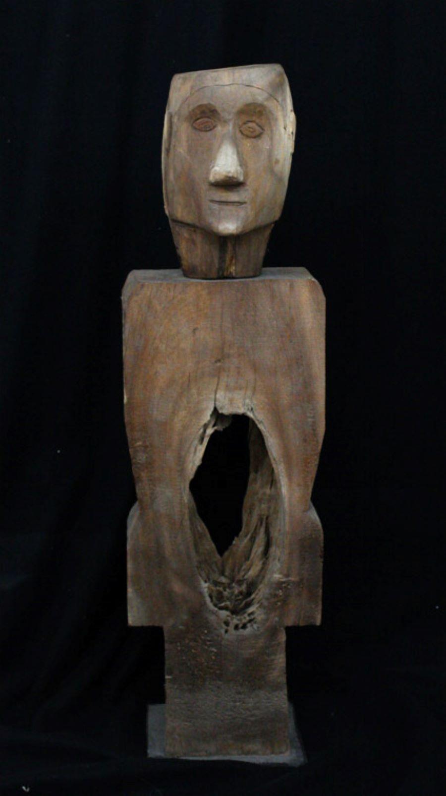 Unknown Figurative Sculpture - "Wooden Man" Freestanding Wood Sculpture with Metal Base 