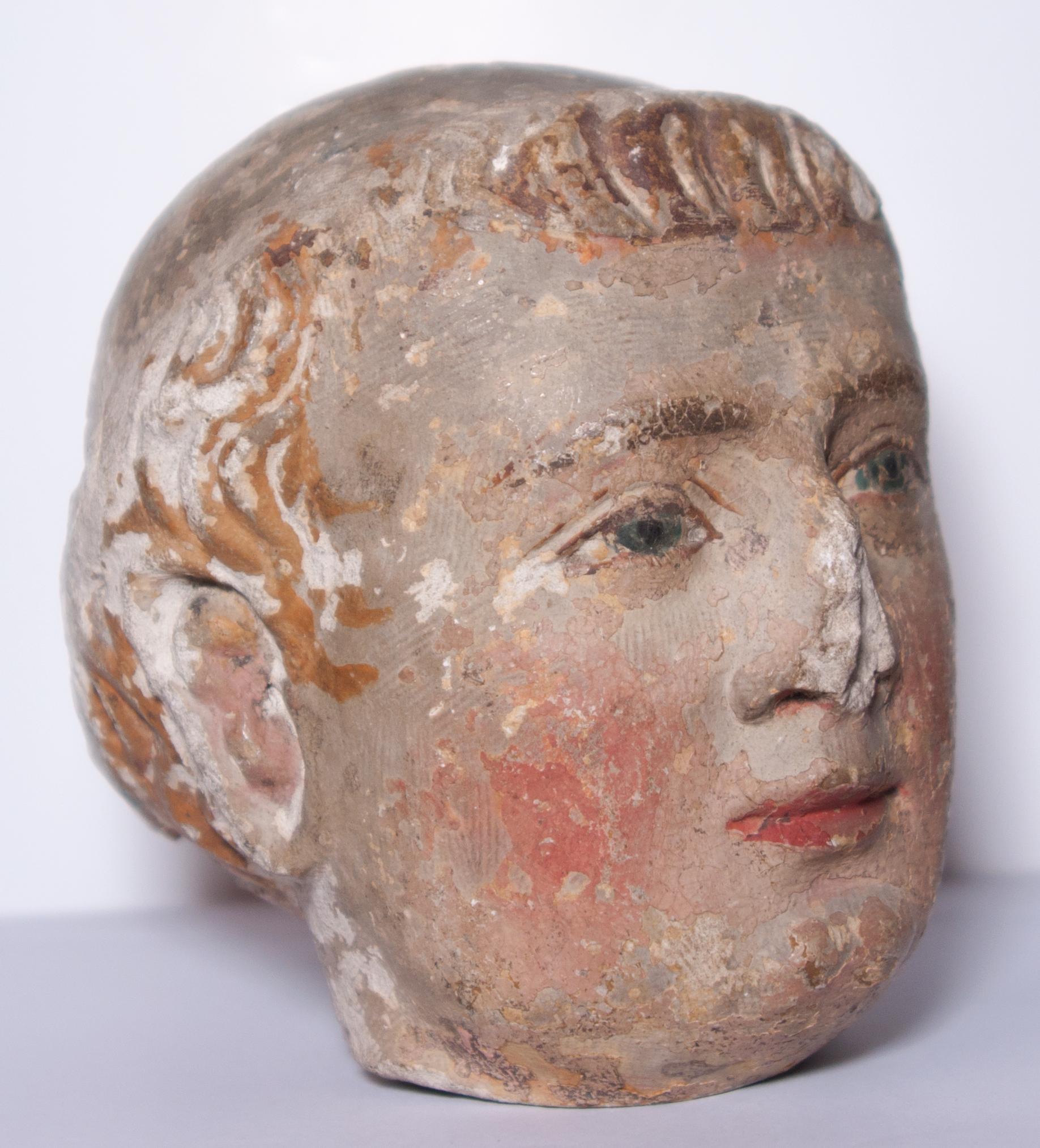 XIV th century head of a monk with polychromy - Gothic Sculpture by Unknown