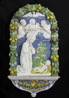 Madone du 19e siècle adorant l'enfant Jésus  Ecole Italienne Céramique Blanc Bleu