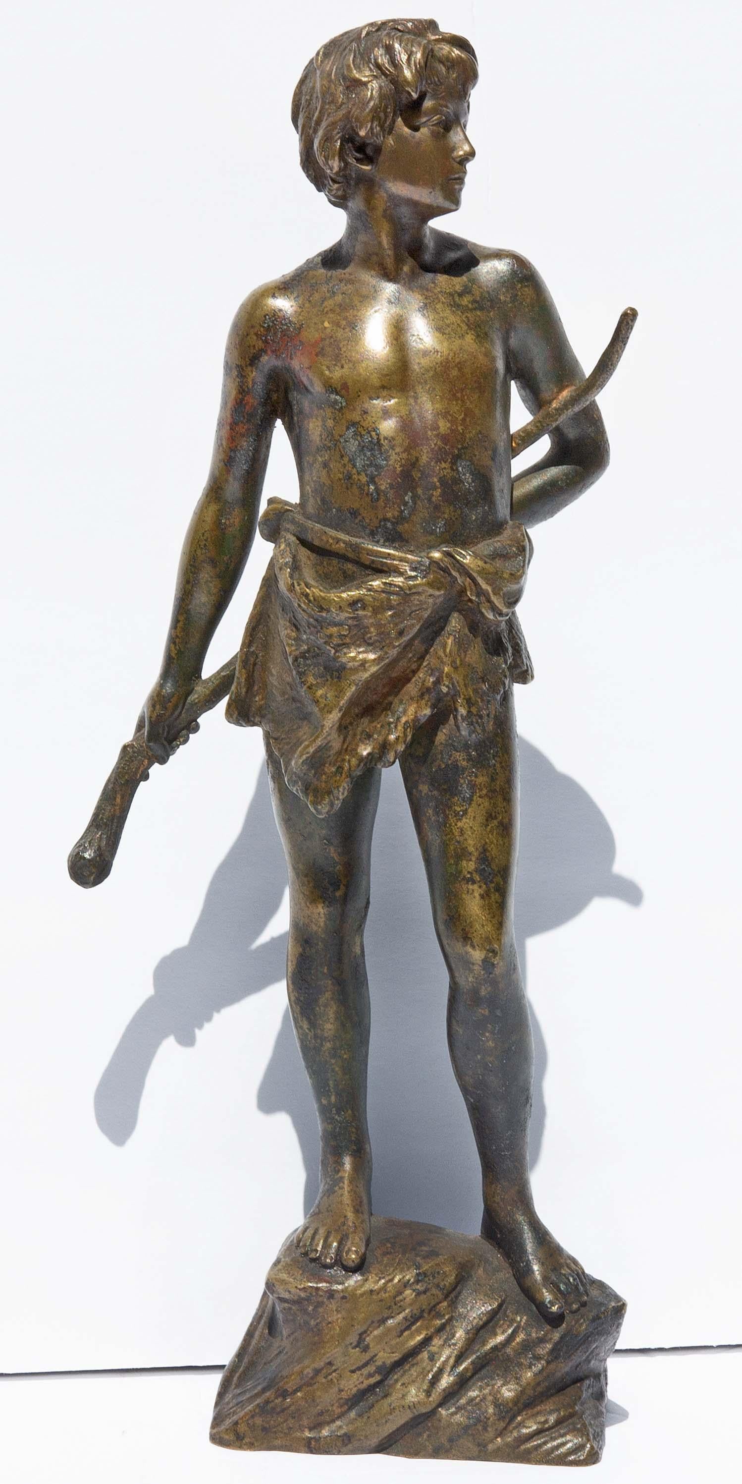 Unknown Figurative Sculpture – Junger Ziegenhirte Bronze-Skulptur von Oscar Gladenbeck, um 1900