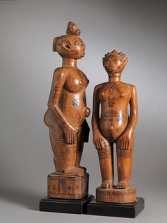 Zela People, DRC, Two Wooden Ancestors Sculptures with Scarifications.