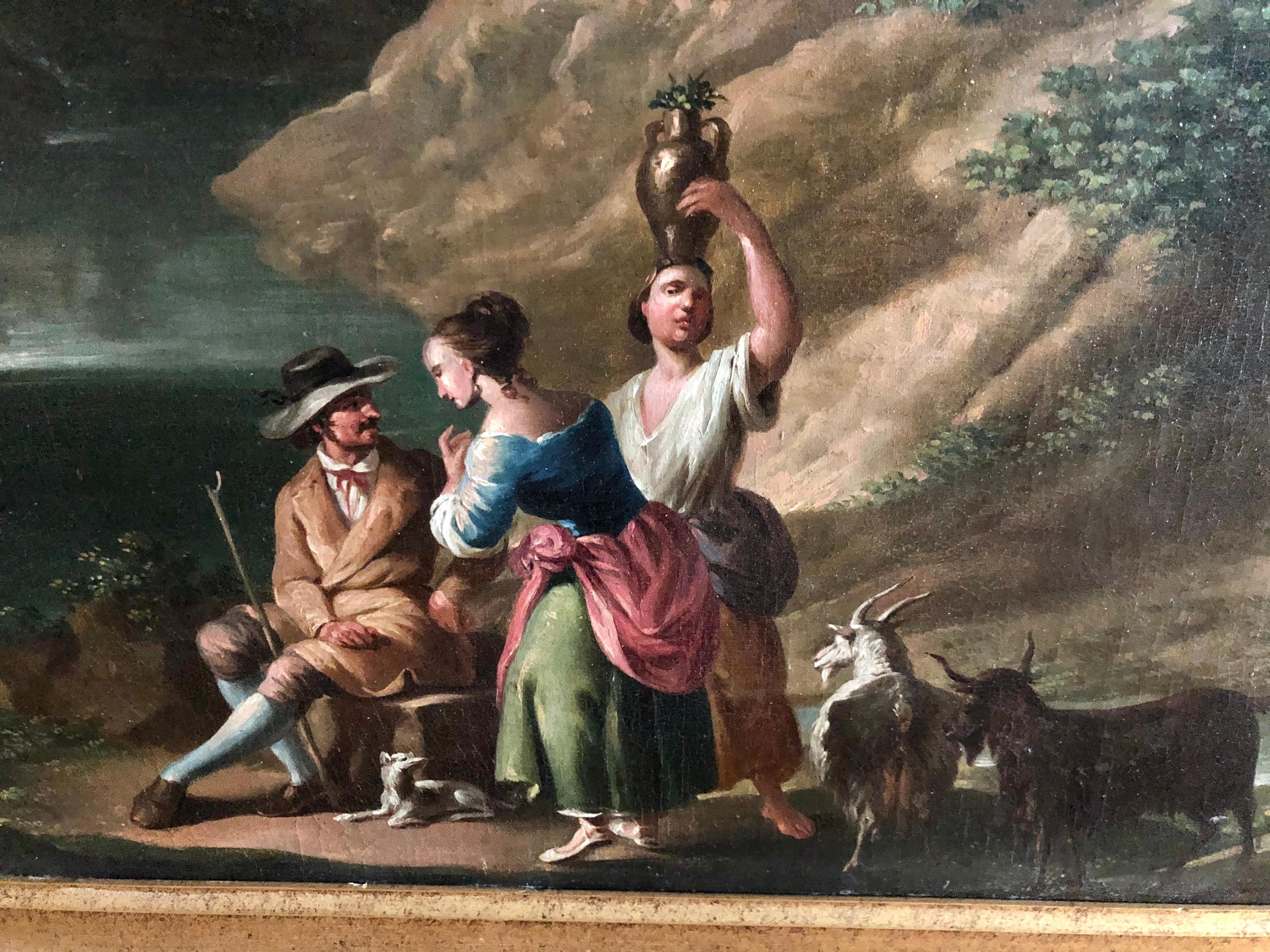 Unknown Spanish artist, 18th century, “A pastoral scene”, oil on canvas, verso inscribed: Montesinos Valencia. The frame has traces of restoration in three corners. Size without frame: 23.5 x 33.5 inches, with frame: 33.4 x 46.6 inches.