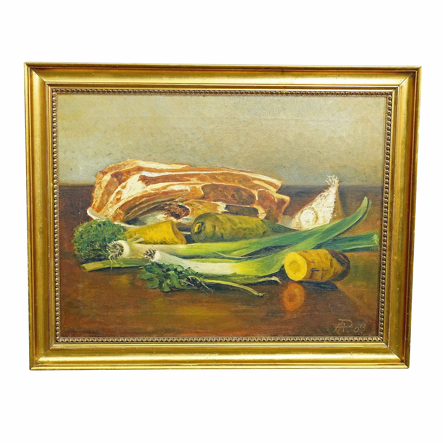 Unknown - still life with meat and vegetables, oil on canvas, Germany 1909.

An impressive still life painting depicting meat, and diverse vegetables. Painted in oil on canvas with pastell colors. Framed with antique richly decorated gilded frame.