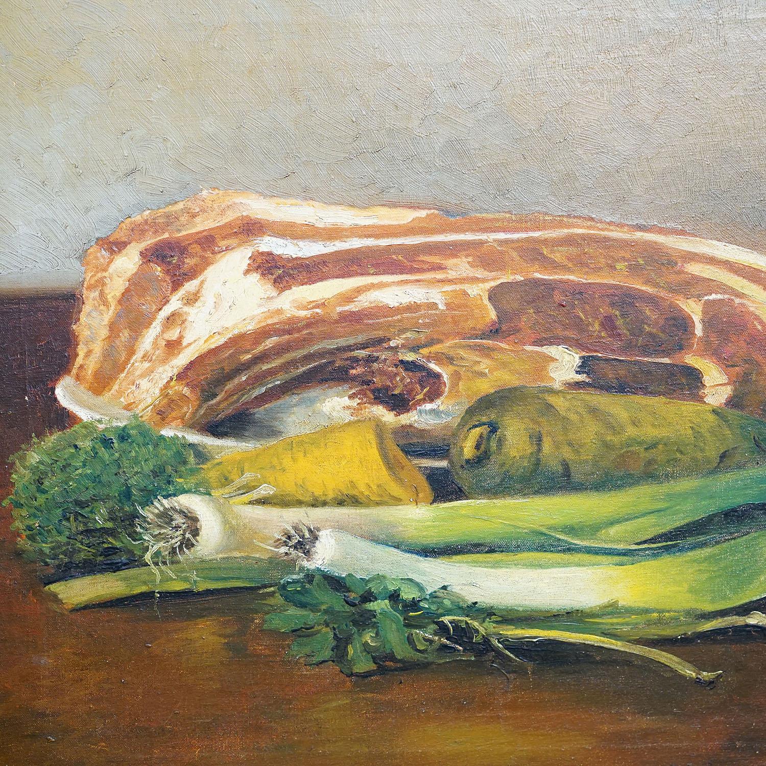 Belle Époque Unknown, Still Life with Meat and Vegetables, Oil on Canvas, Germany, 1909 For Sale