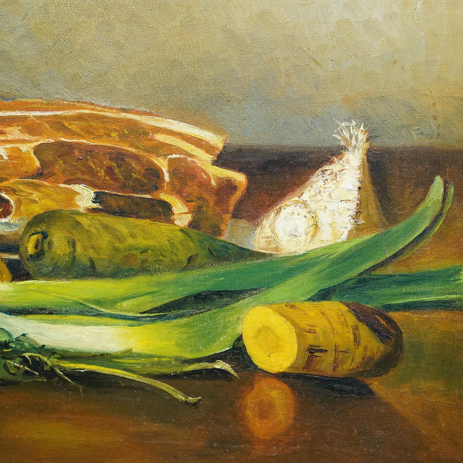 Painted Unknown, Still Life with Meat and Vegetables, Oil on Canvas, Germany, 1909 For Sale