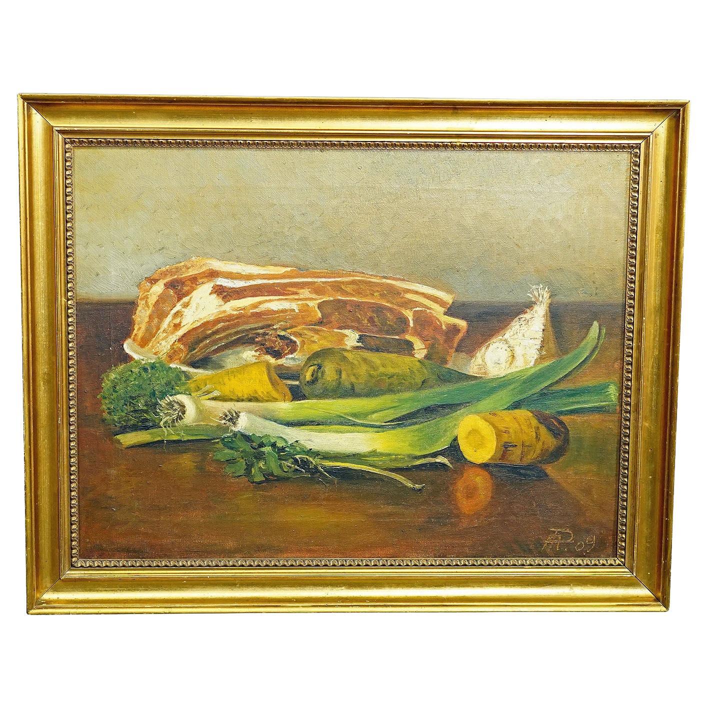 Unknown, Still Life with Meat and Vegetables, Oil on Canvas, Germany, 1909 For Sale