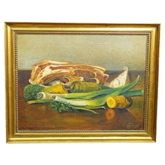 Unknown, Nature morte à la viande et aux légumes, huile sur toile, Allemagne, 1909