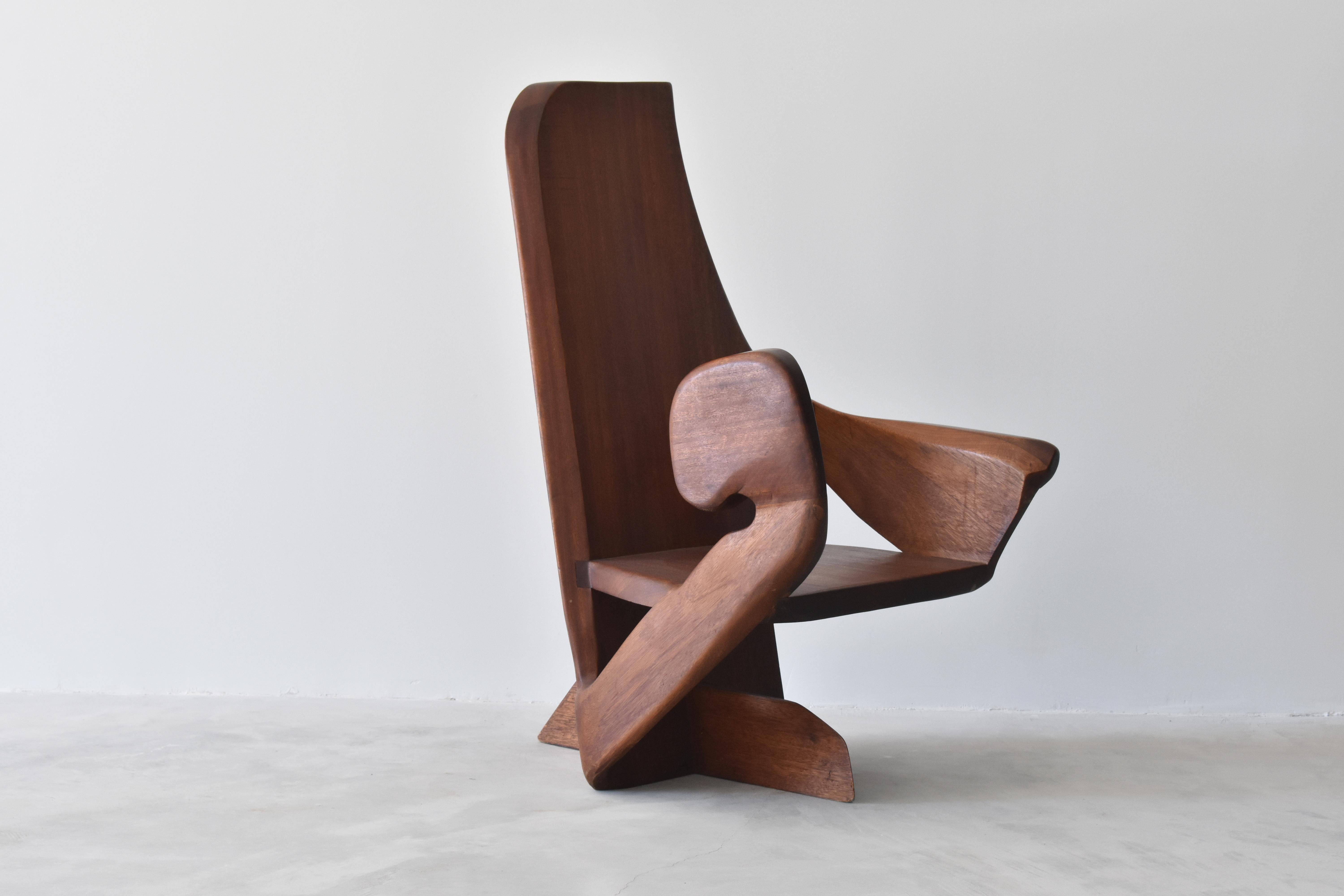Post-Modern Unknown Studio Craftsman, Armchair in Sculpted and Joined Hardwood Slabs, 1980s