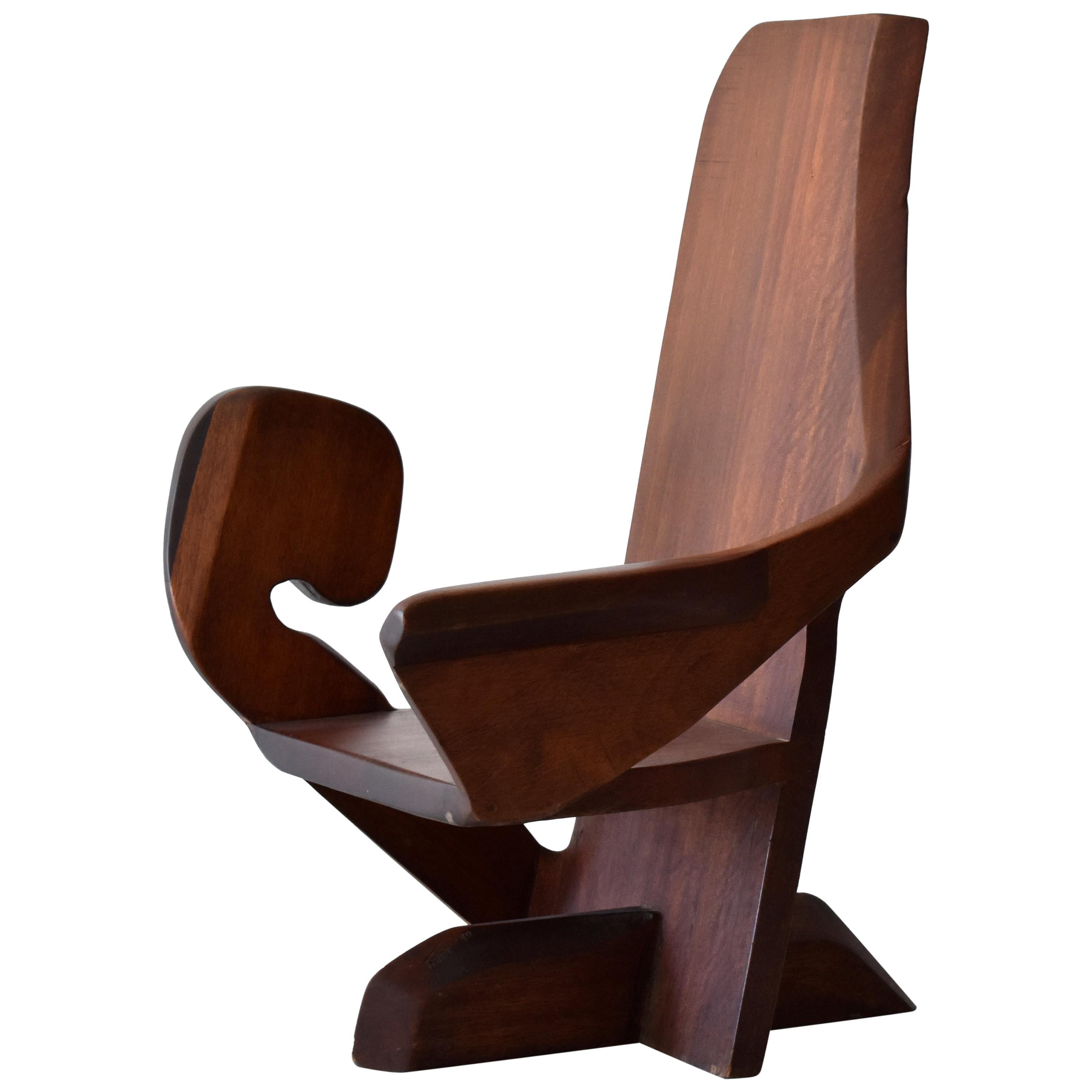 Unknown Studio Craftsman, Armchair in Sculpted and Joined Hardwood Slabs, 1980s