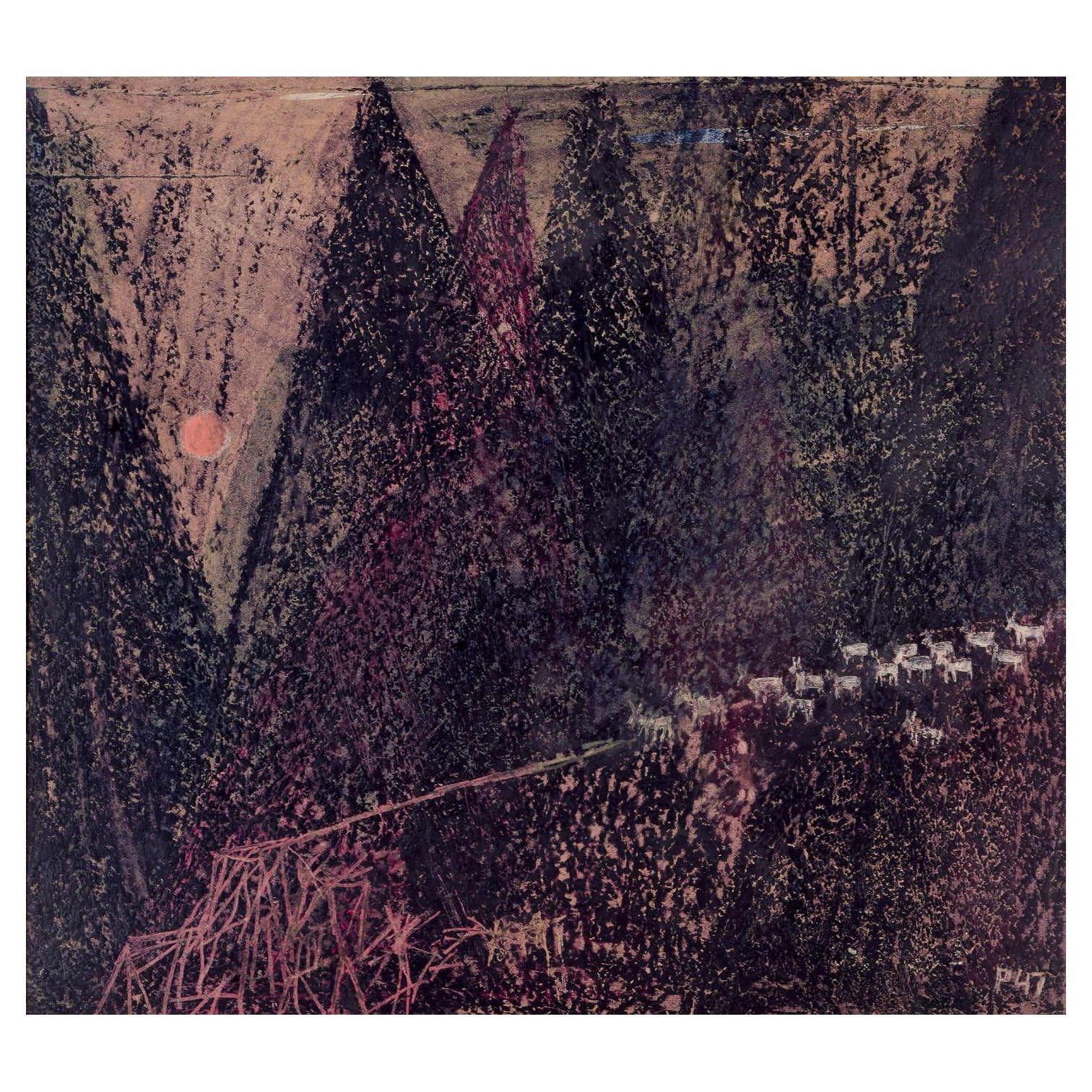 Artistics suédois inconnu. Techniques mixtes sur carton. Troupeau de rennes dans un paysage nocturne en vente