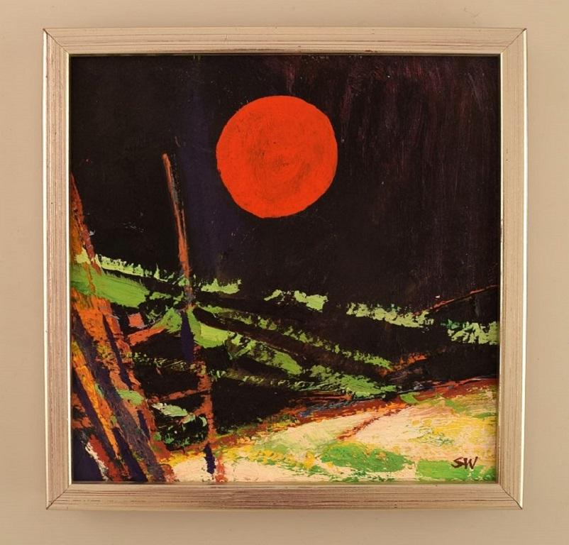 Unknown Swedish artist. Oil on board. 
Abstract night landscape. 1960s.
The board measures: 22 x 22 cm.
The frame measures: 1.5 cm.
In excellent condition.
Signed.