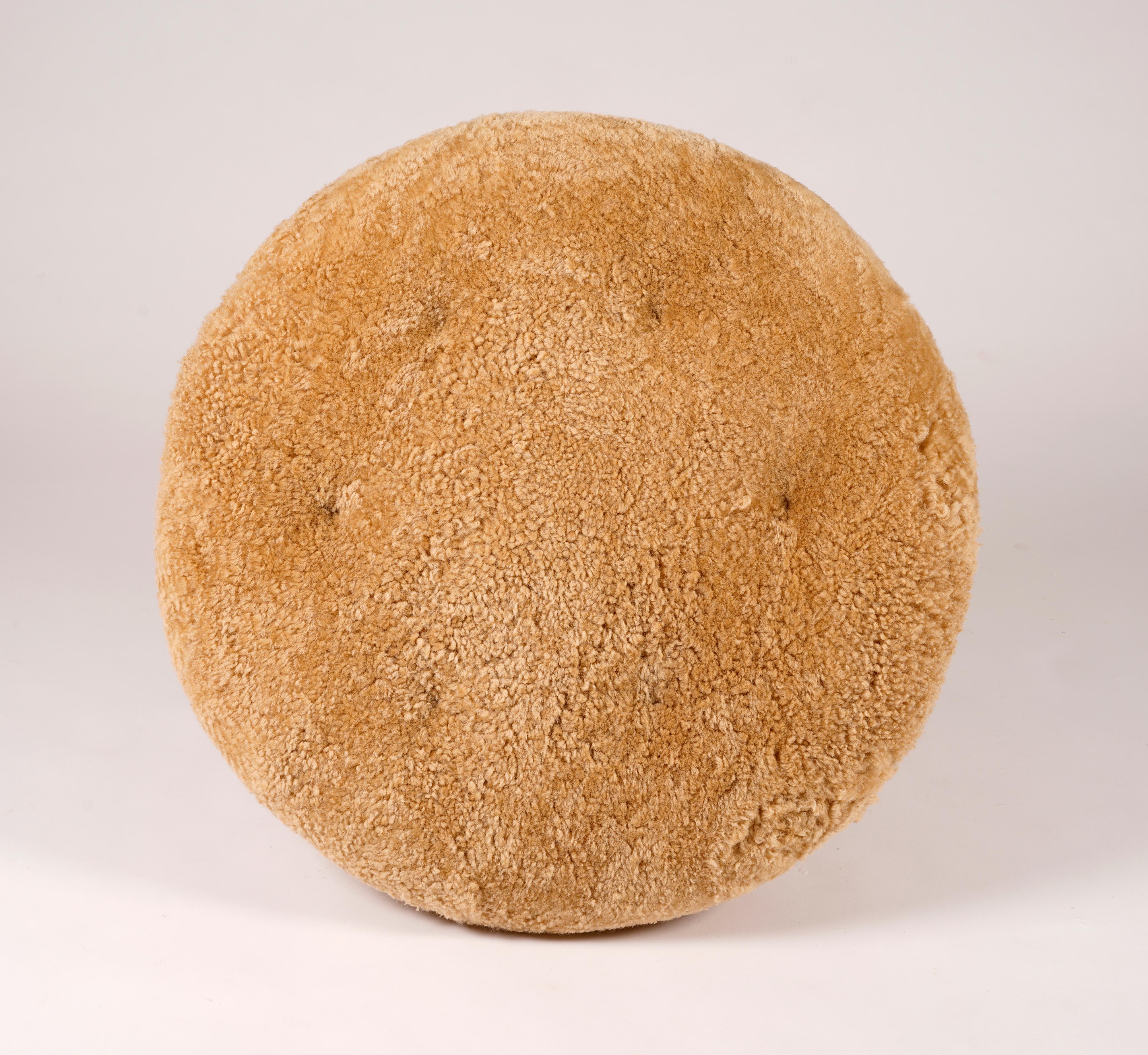 Stained Unknown swedish designer, oversized stool reupholstered in sheepskin, 1960s For Sale
