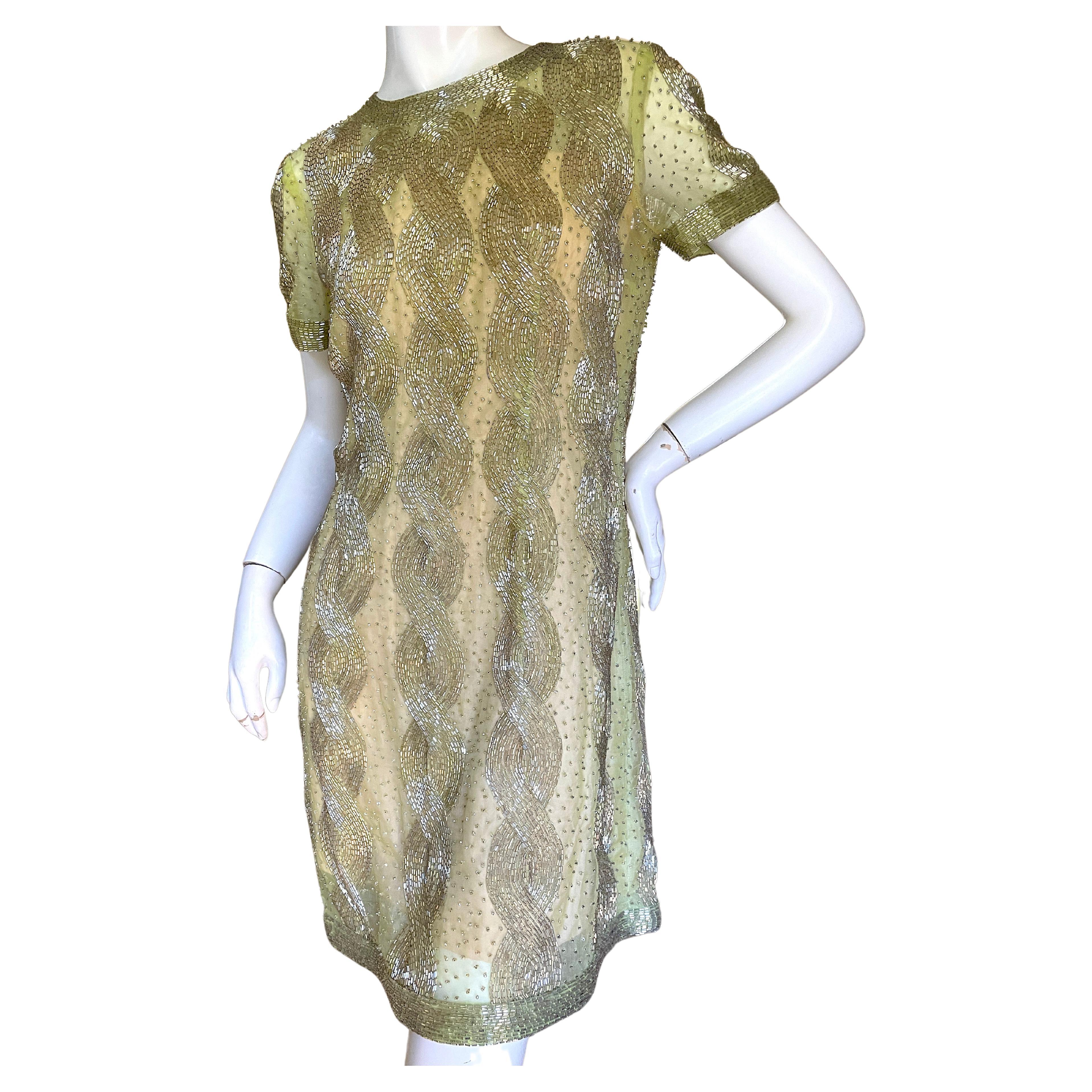 1960s Olive Green Chiffon Cocktail Dress with Pleated Detail For Sale