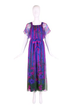 Unlabeled Couture Silk Chiffon Floral & Striped Sleeveless Maxi Dress