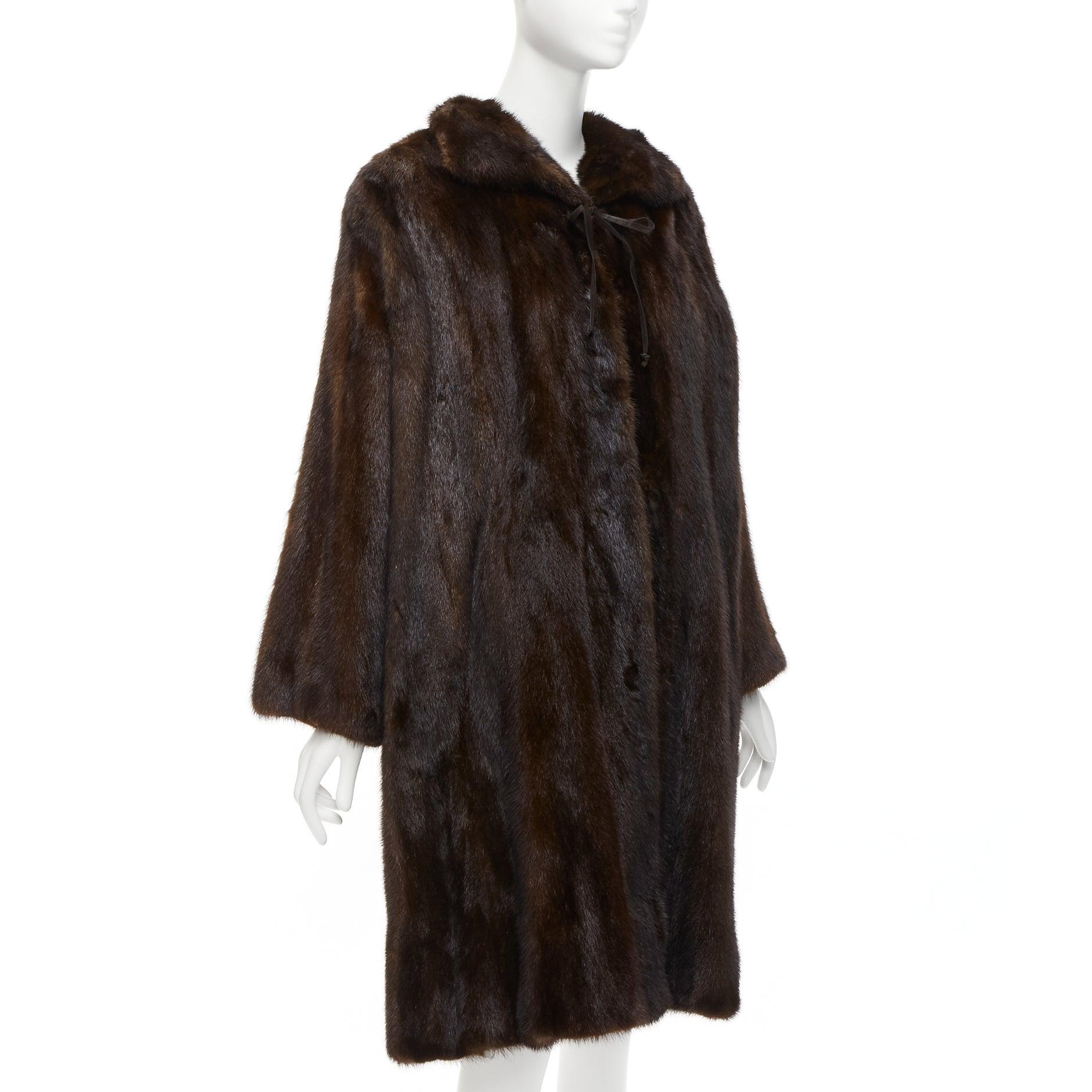 Black UNLABELLED dark brown genuine fur tie collar longline long sleeve jacket coat For Sale