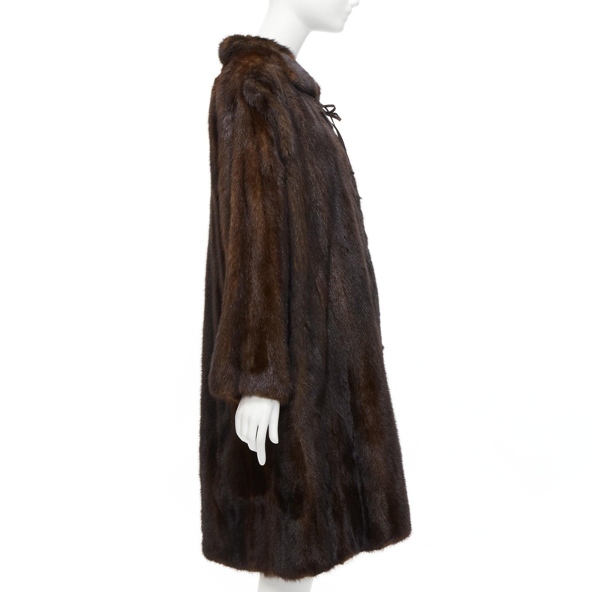 UNLABELLED dark brown genuine fur tie collar longline long sleeve jacket coat In Good Condition For Sale In Hong Kong, NT