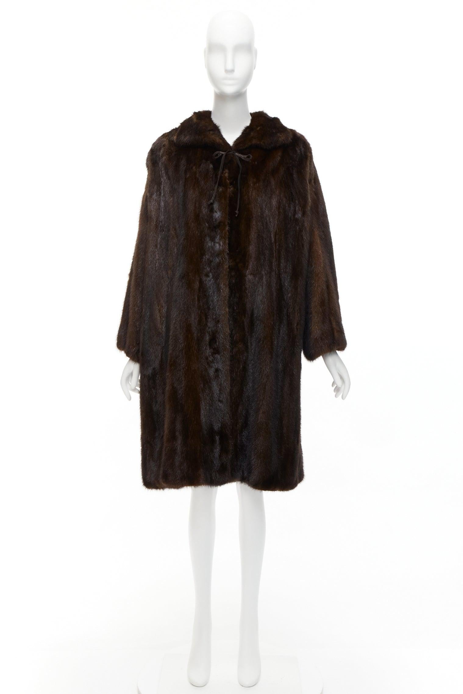 UNLABELLED dark brown genuine fur tie collar longline long sleeve jacket coat For Sale 3