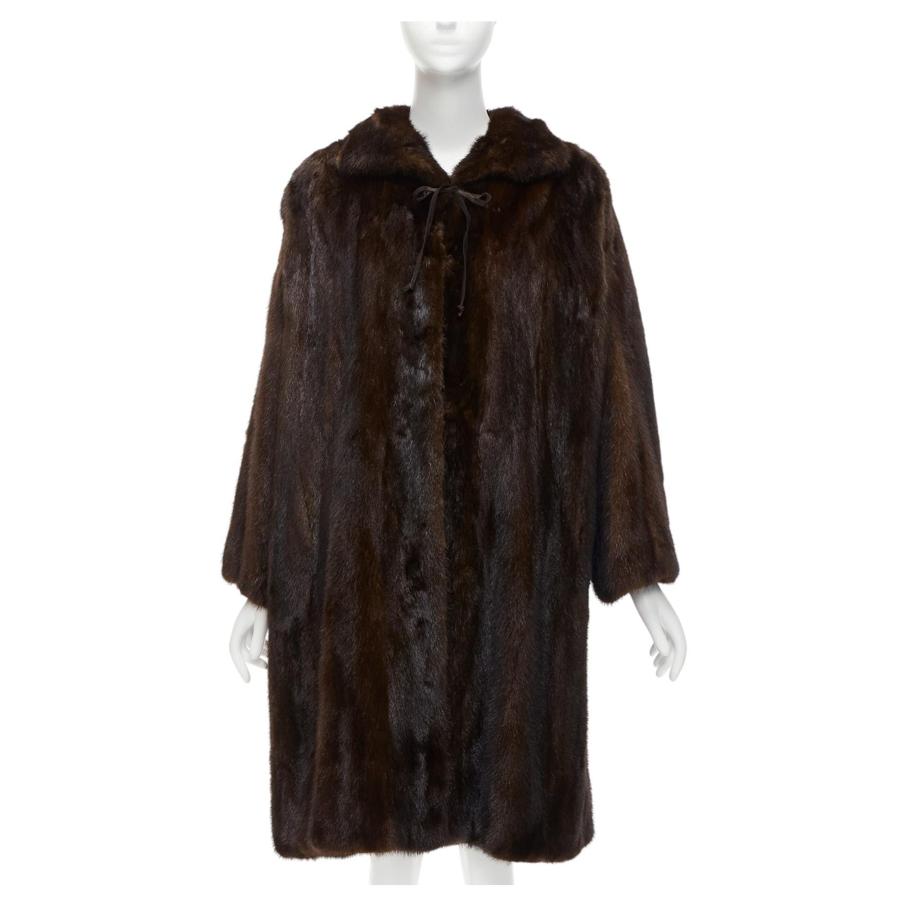UNLABELLED dark brown genuine fur tie collar longline long sleeve jacket manteau en vente