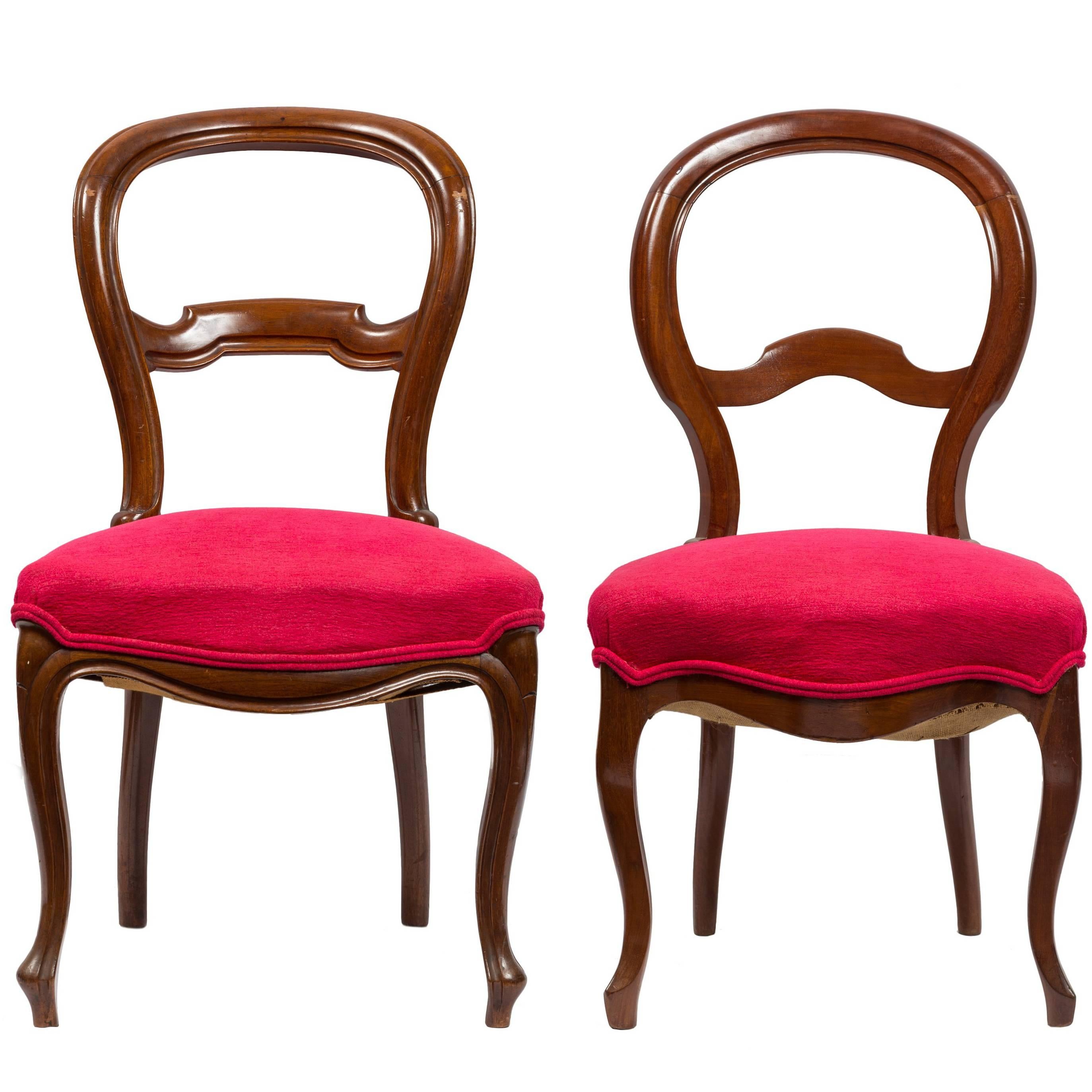 Unmatched Pair of Walnut Spanish Isabelinas Chairs, New Red Upholstery