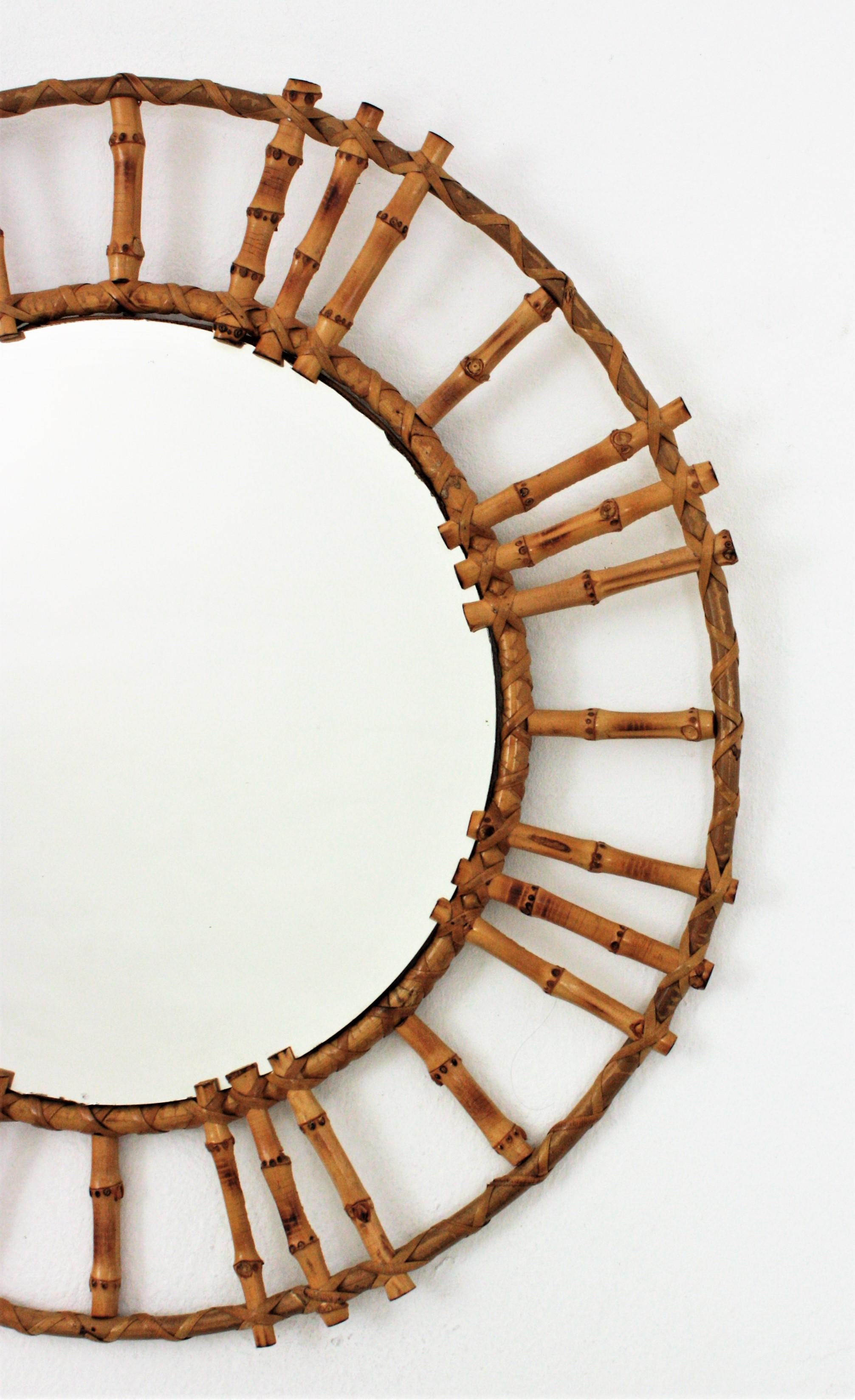 Pair of Rattan Bamboo Round Mirrors with Oriental Accents For Sale 3