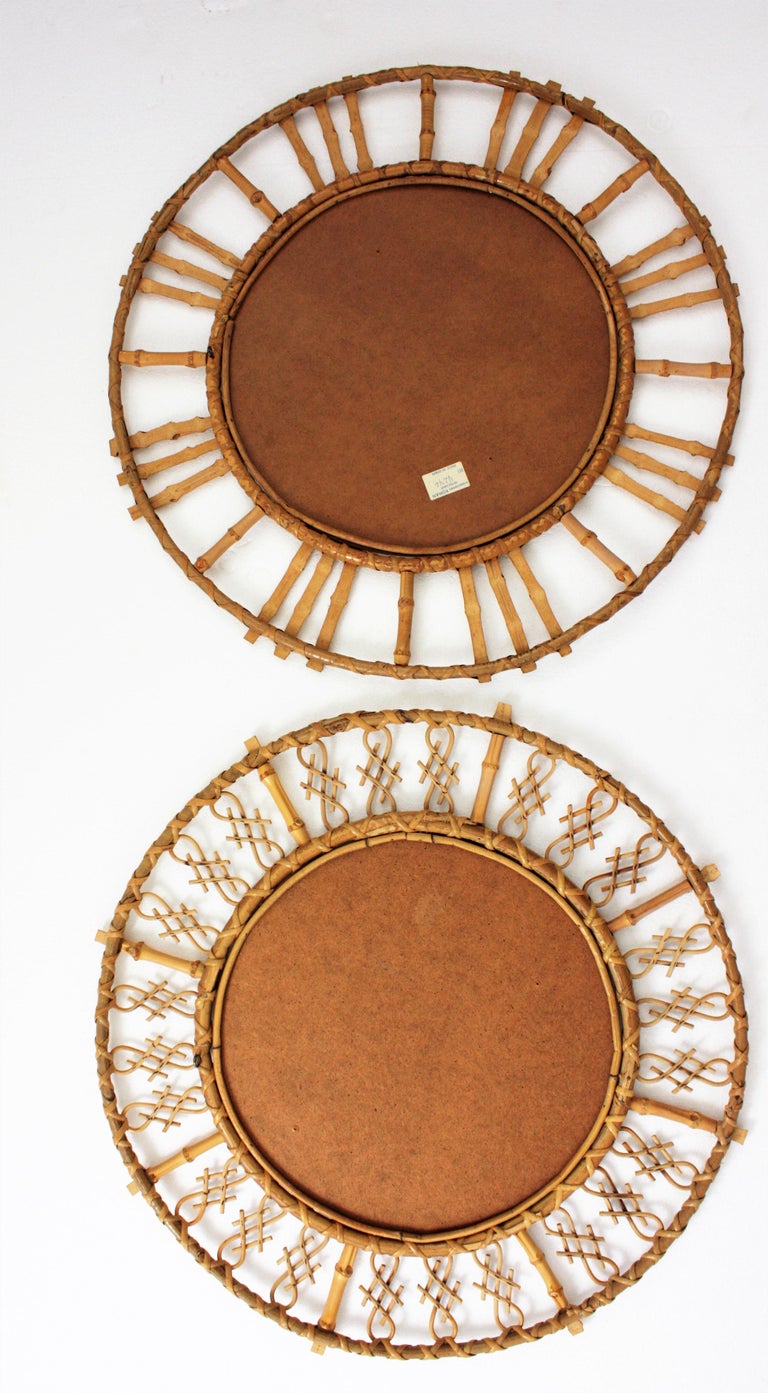 Rattan Bamboo Round Mirrors with Oriental Accents, Unmatching Pair For ...