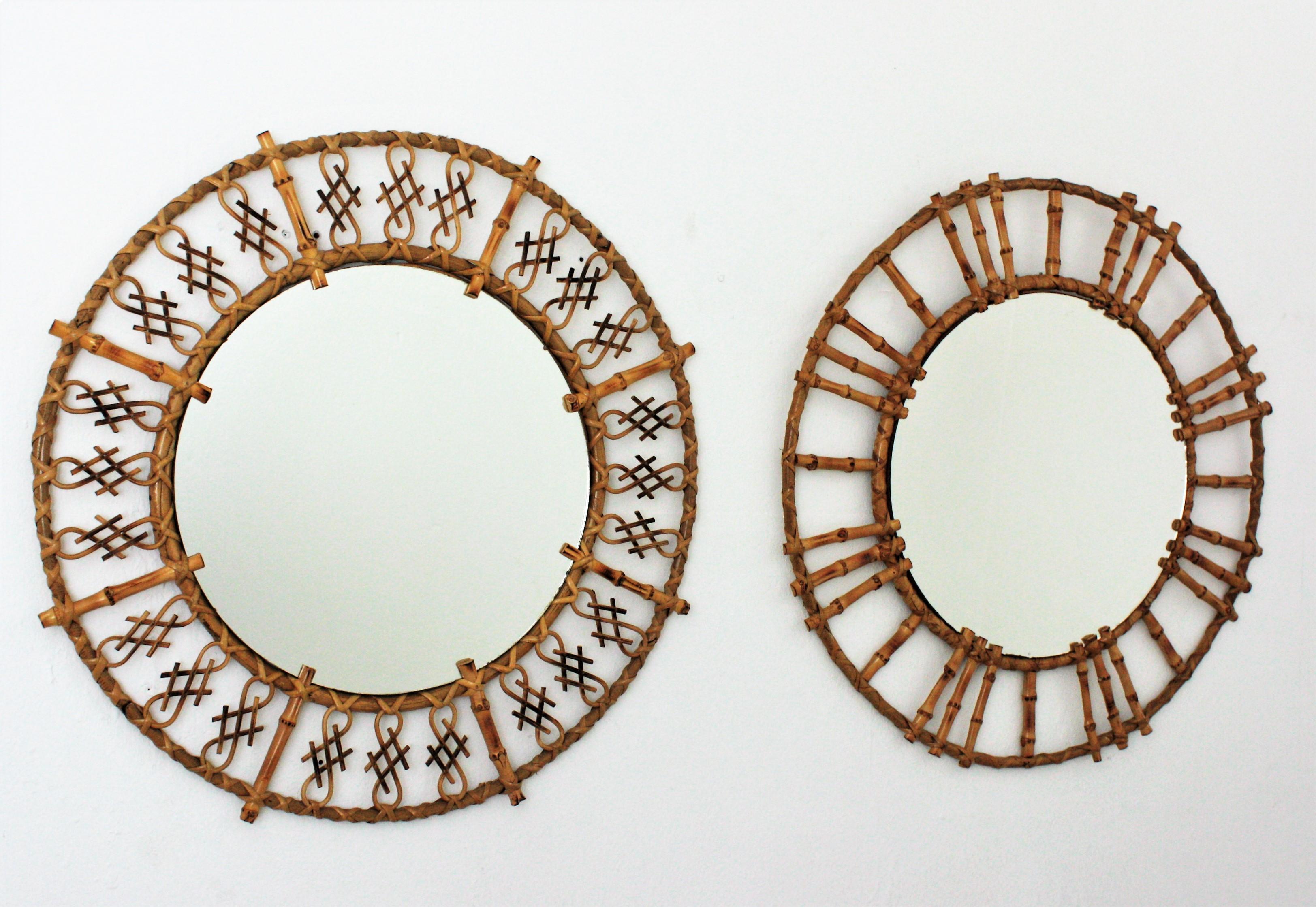 Pair of Rattan Bamboo Round Mirrors with Oriental Accents For Sale 6