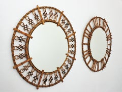 Pair of Rattan Bamboo Round Wall Mirrors with Oriental Accents