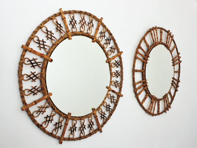 Rattan Bamboo Round Mirrors with Oriental Accents, Unmatching Pair For ...