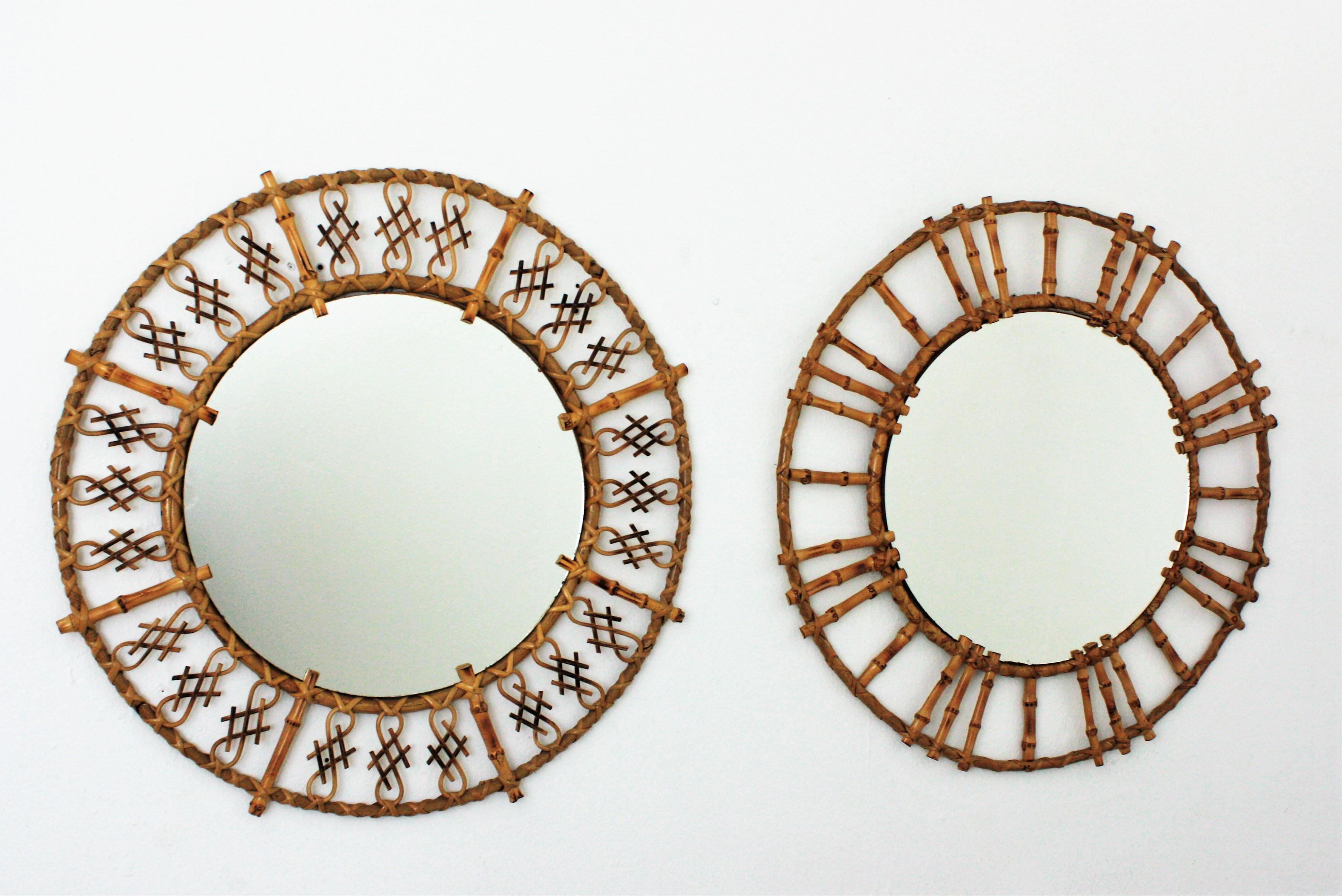 Mid-Century Modern Pair of Rattan Bamboo Round Mirrors with Oriental Accents For Sale