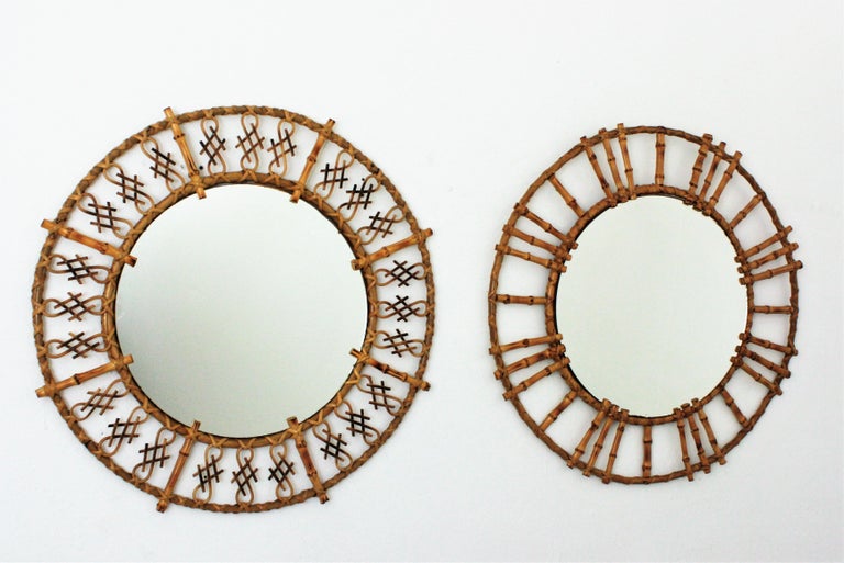 Rattan Bamboo Round Mirrors with Oriental Accents, Unmatching Pair For ...