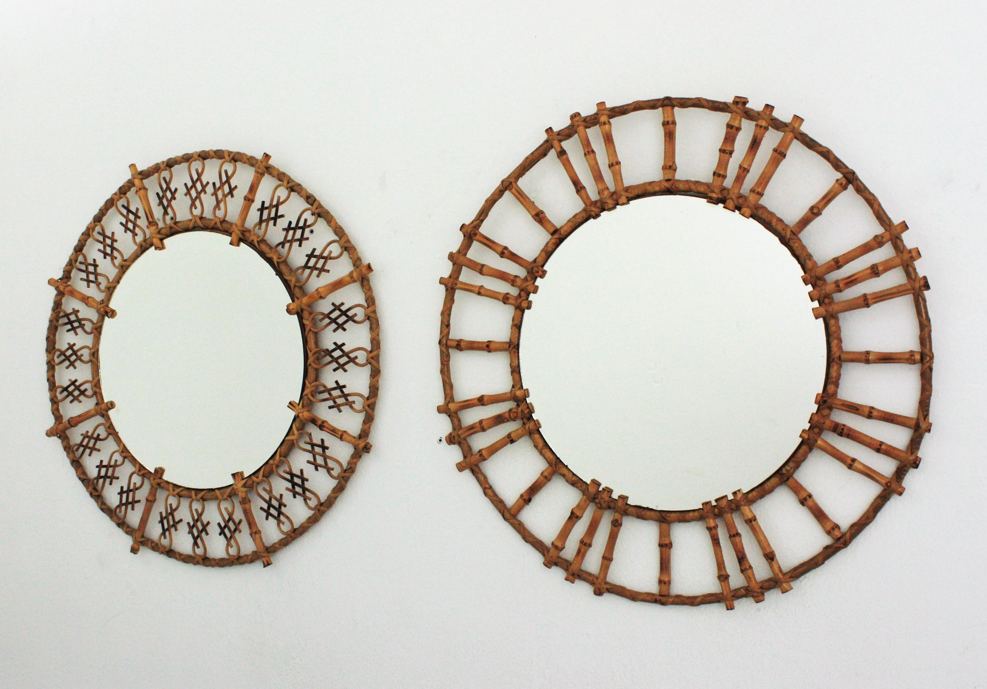 Spanish Pair of Rattan Bamboo Round Mirrors with Oriental Accents For Sale
