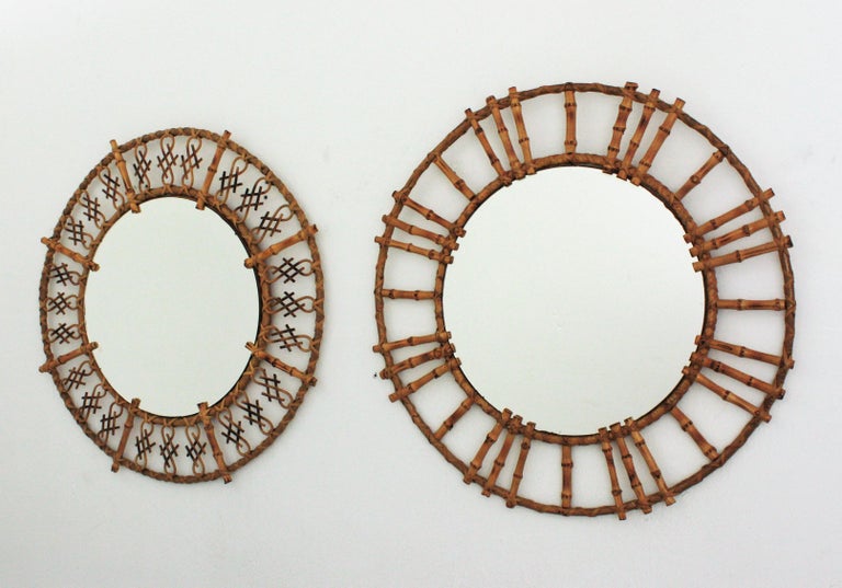 Rattan Bamboo Round Mirrors with Oriental Accents, Unmatching Pair For ...