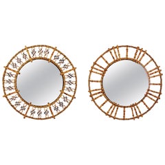 Pair of Rattan Bamboo Round Mirrors with Oriental Accents