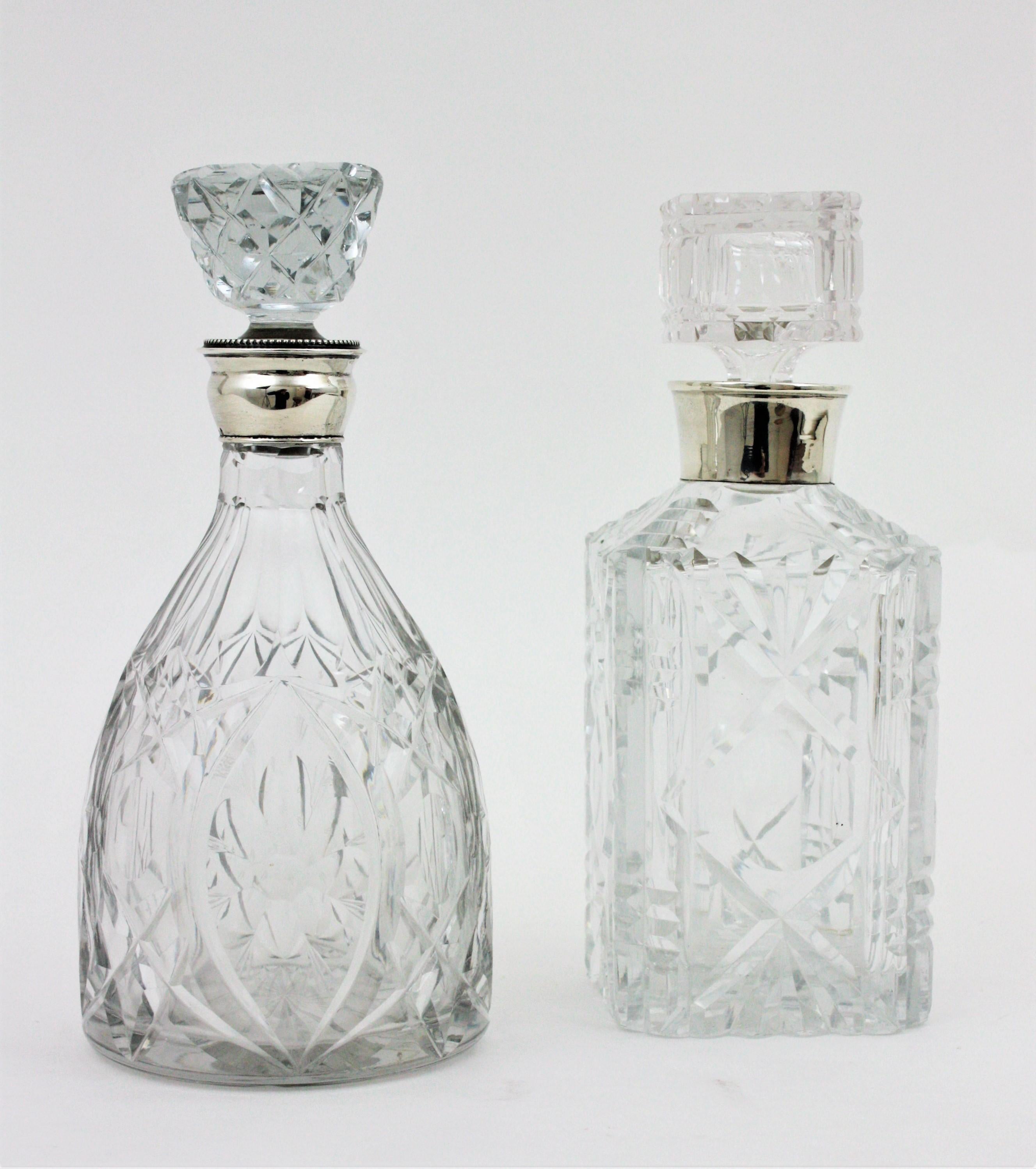 Pair of Cut Crystal and Silver Liqueur Drinks Decanters For Sale 11
