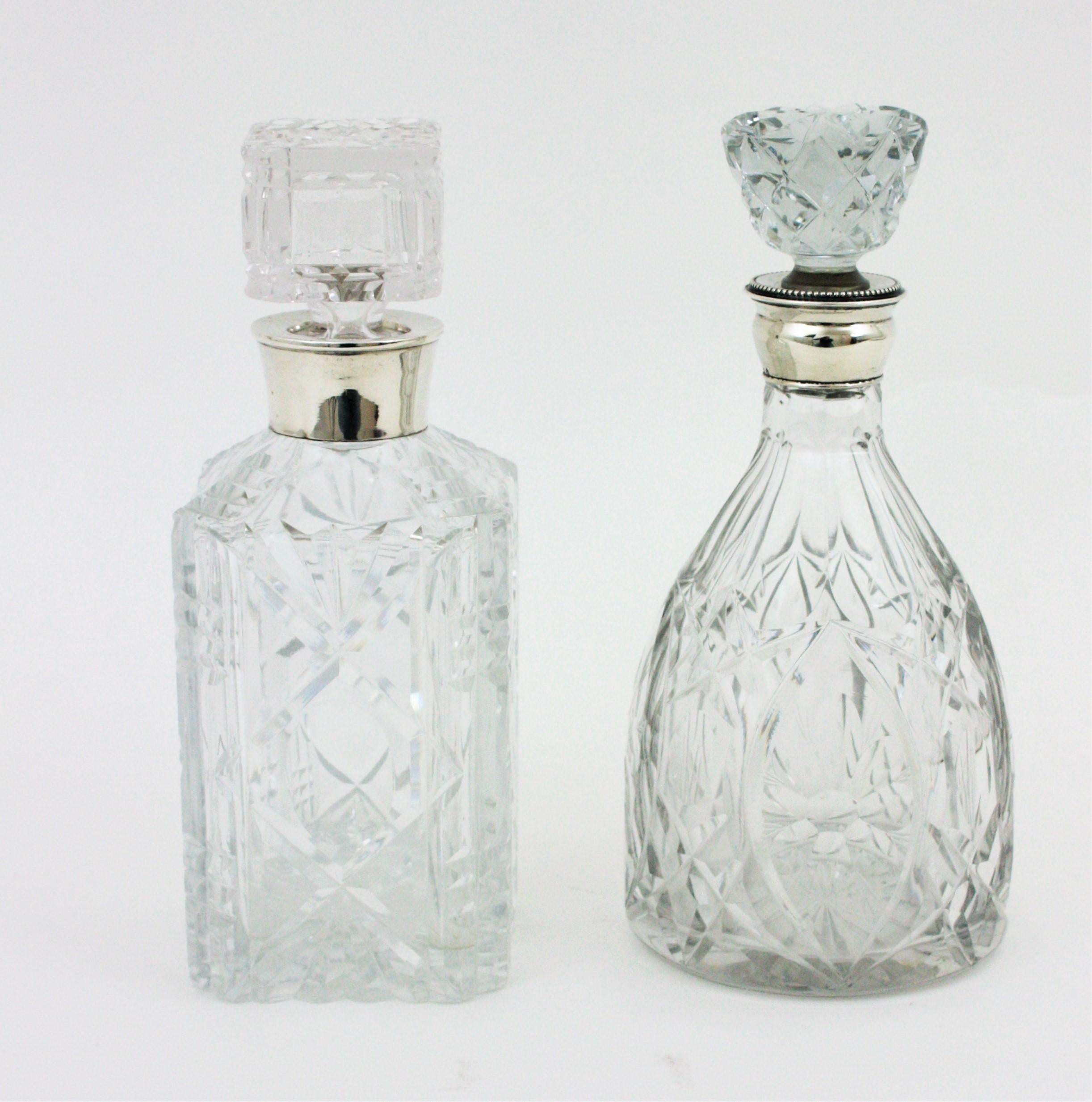 Art Deco Pair of Cut Crystal and Silver Liqueur Drinks Decanters For Sale