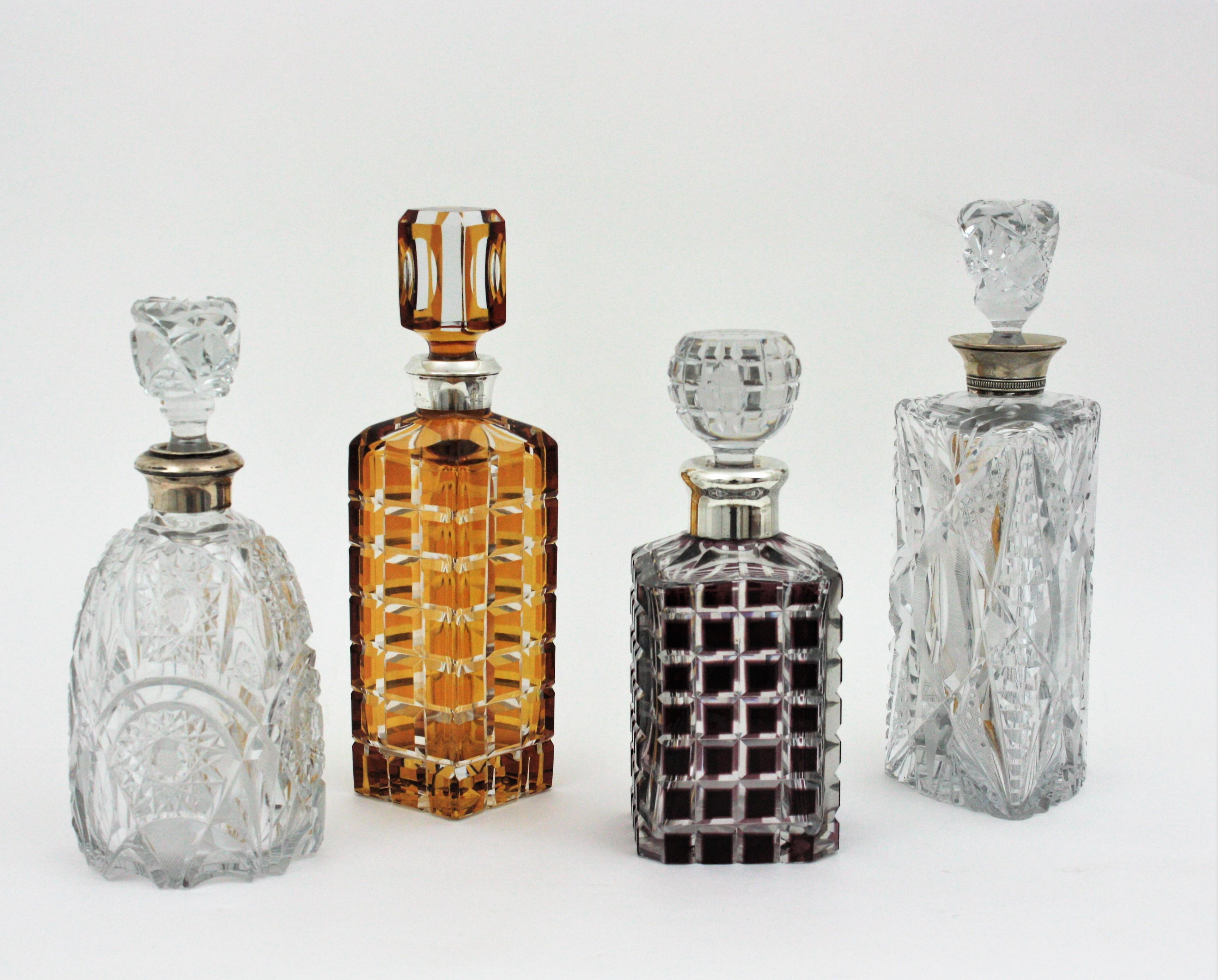 Art Deco Unmatching Pair of Cut Crystal and Silver Liqueur Decanters
