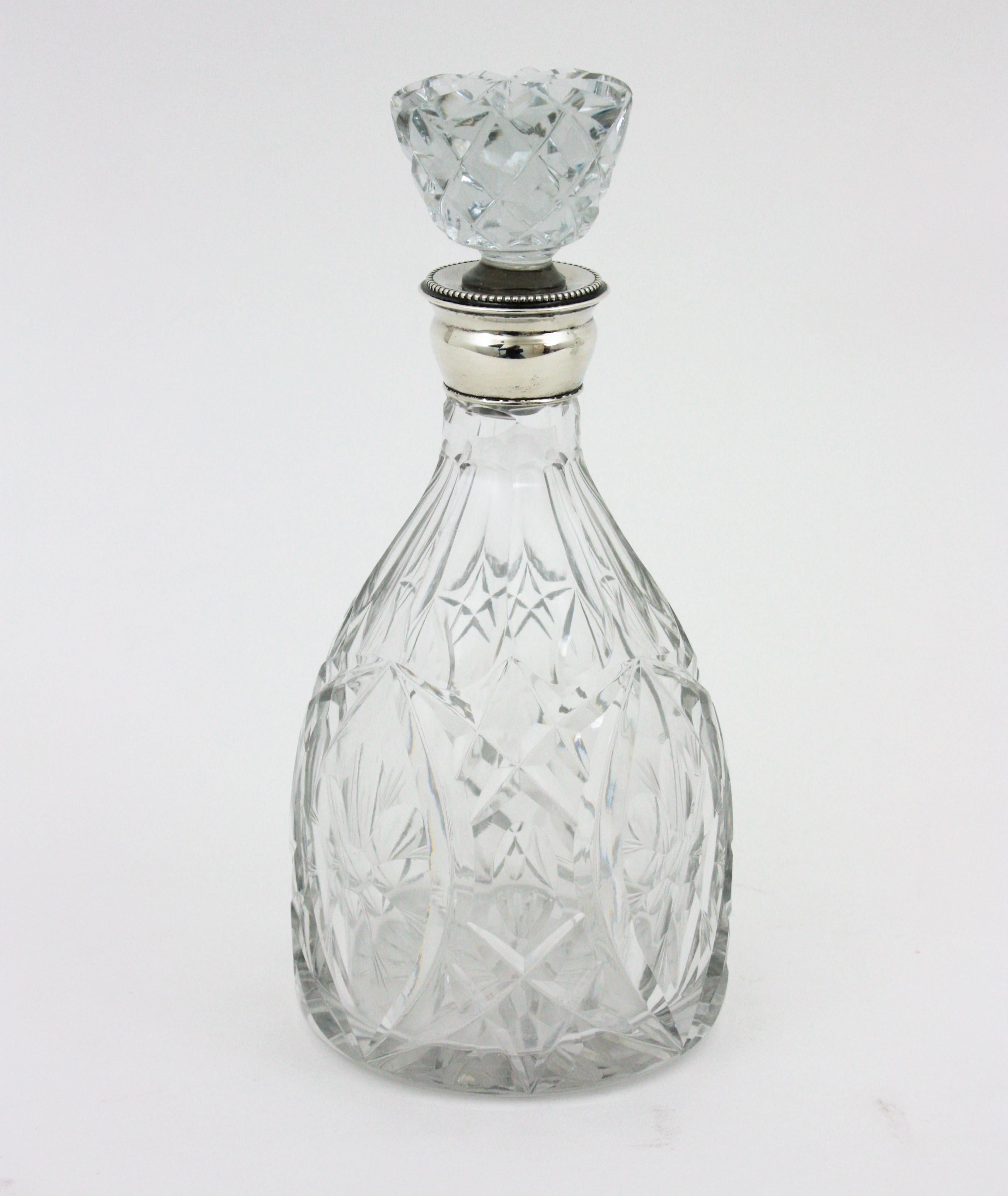 Spanish Pair of Cut Crystal and Silver Liqueur Drinks Decanters For Sale