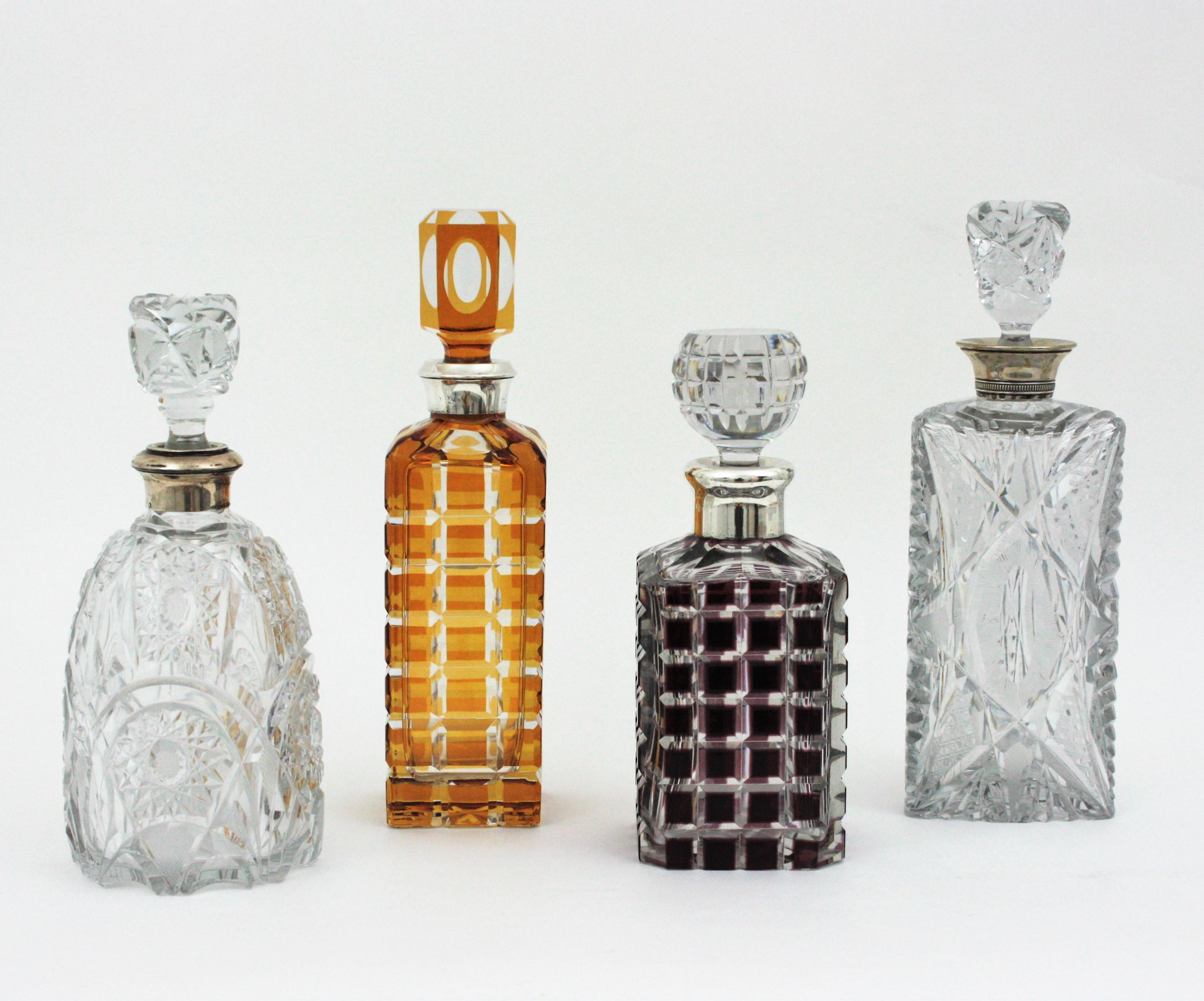 Spanish Unmatching Pair of Cut Crystal and Silver Liqueur Decanters