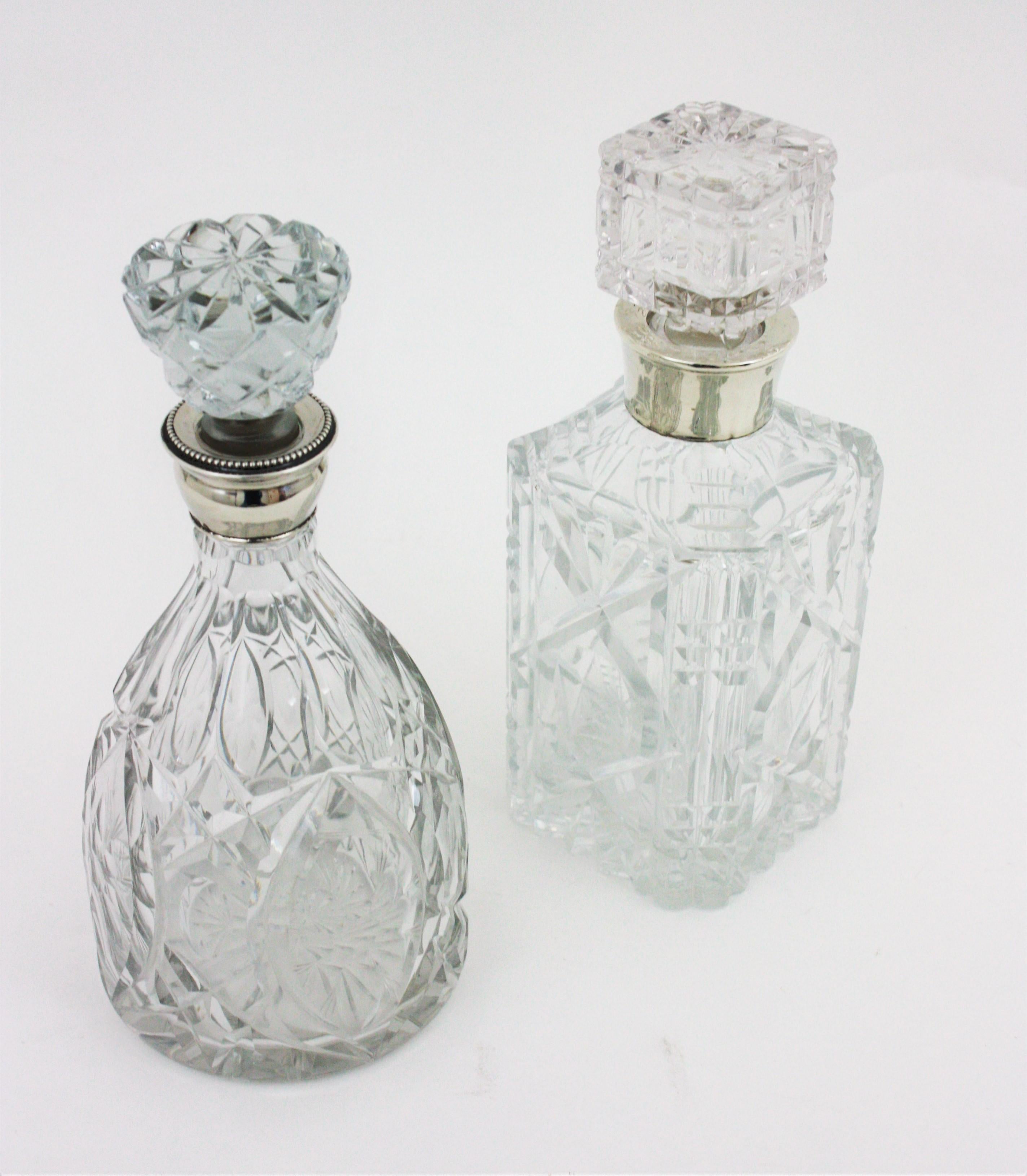 Pair of Cut Crystal and Silver Liqueur Drinks Decanters For Sale 1