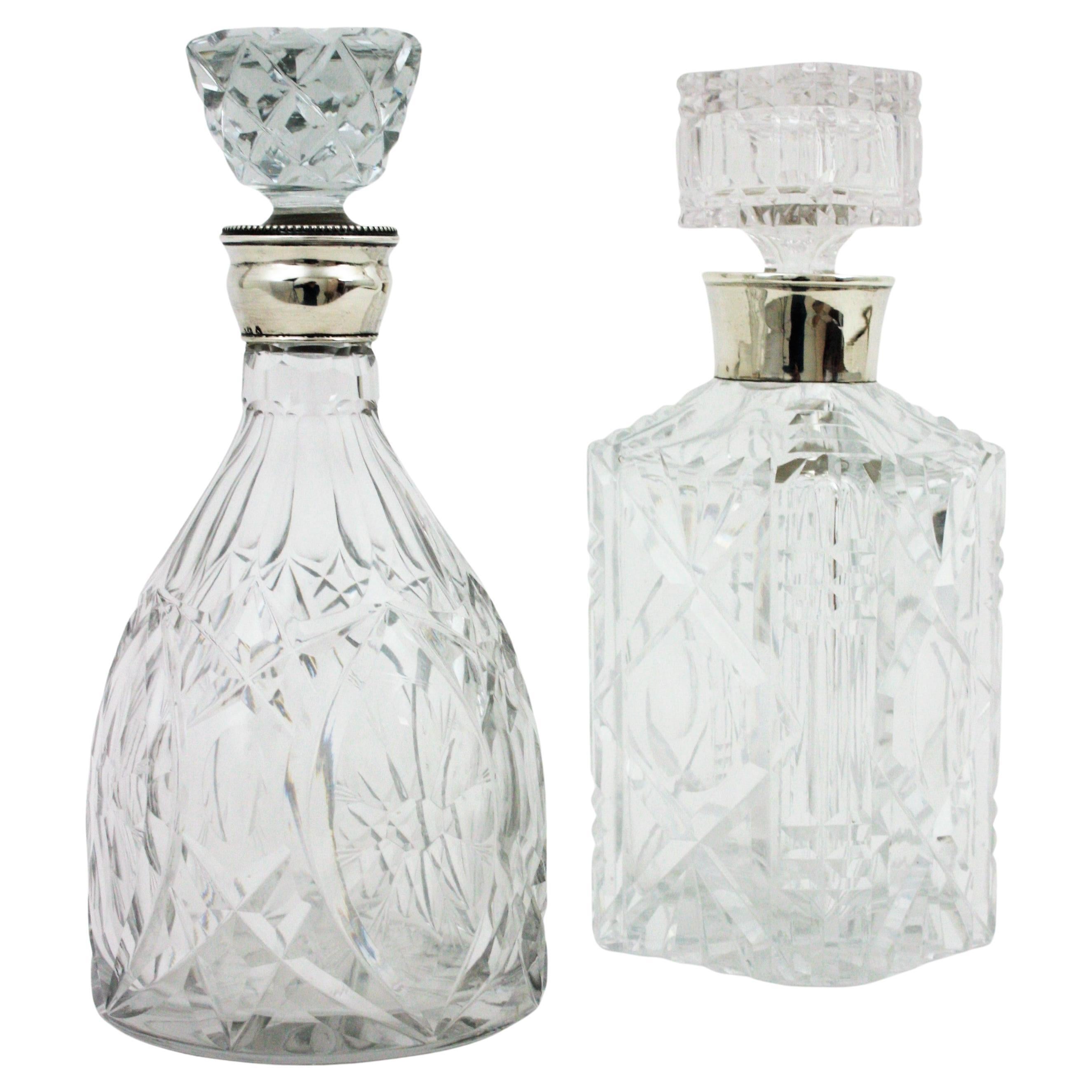 Pair of Cut Crystal and Silver Liqueur Drinks Decanters For Sale
