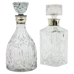Used Pair of Cut Crystal and Silver Liqueur Drinks Decanters