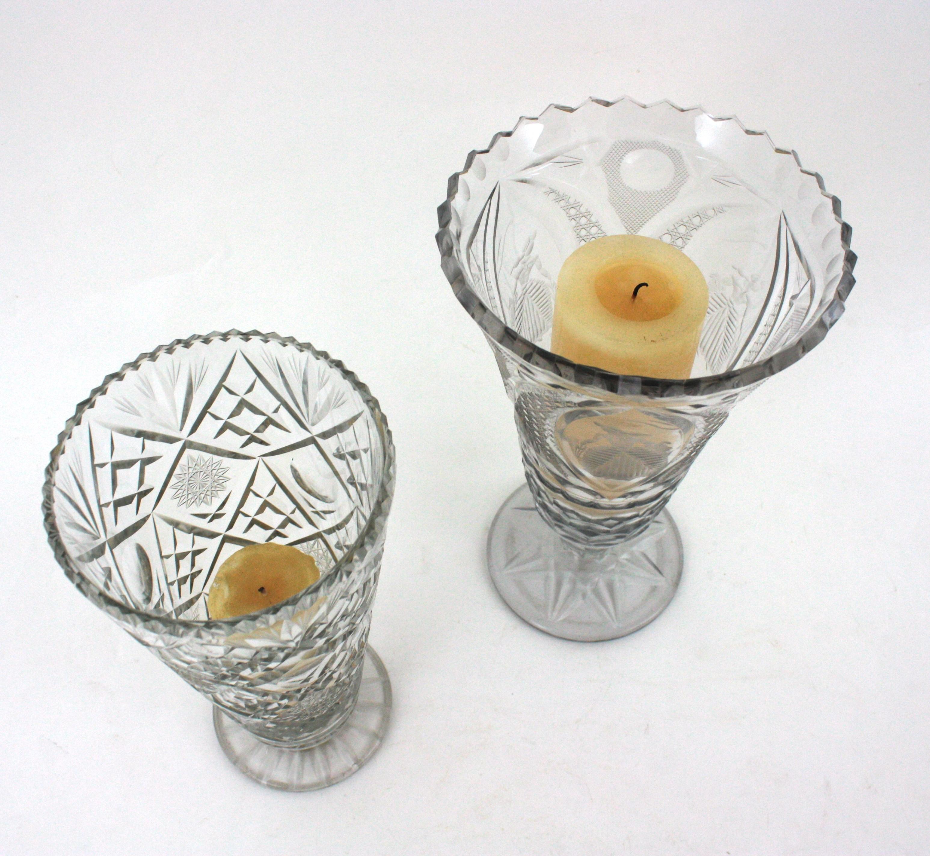 Unmatching Pair of Cut Crystal Vases or Hurricane Candle Holders For Sale 5