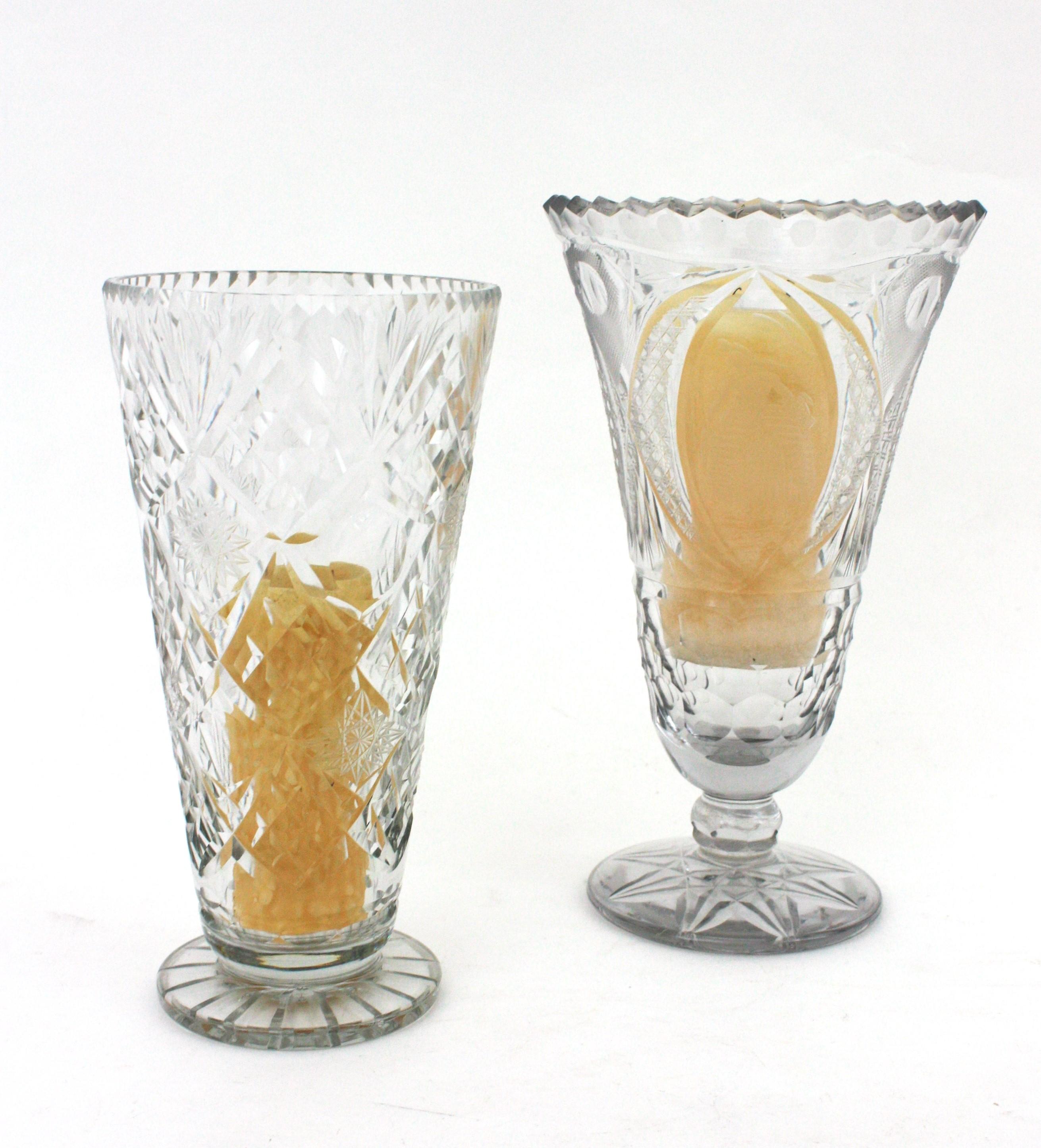 Unmatching Pair of Cut Crystal Vases or Hurricane Candle Holders For Sale 6