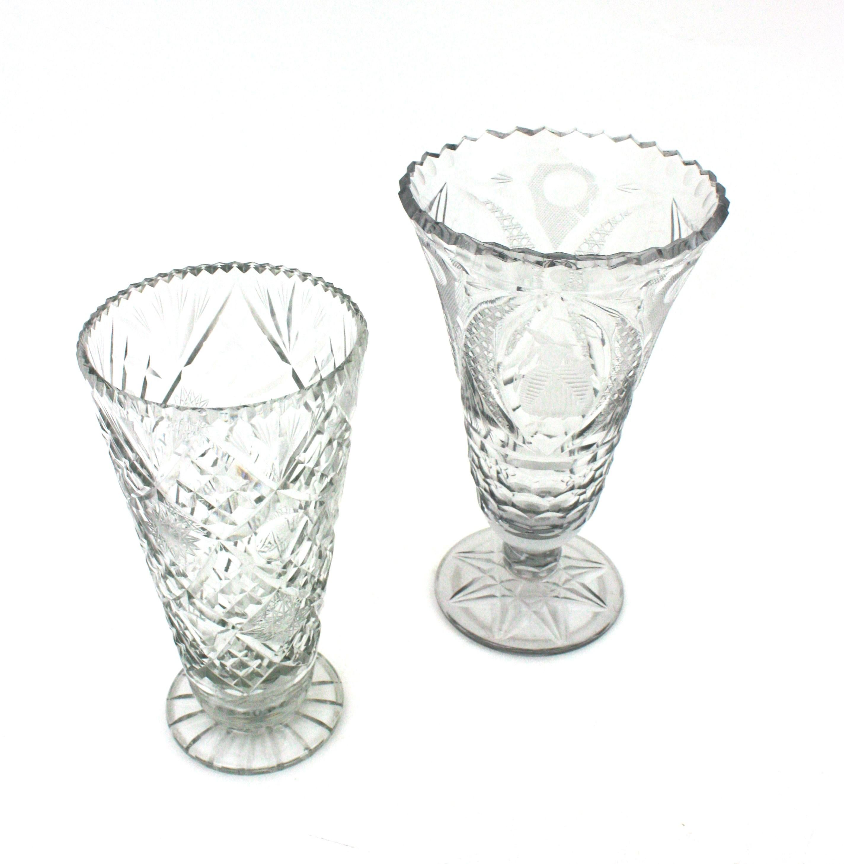 Art Deco Unmatching Pair of Cut Crystal Vases or Hurricane Candle Holders For Sale