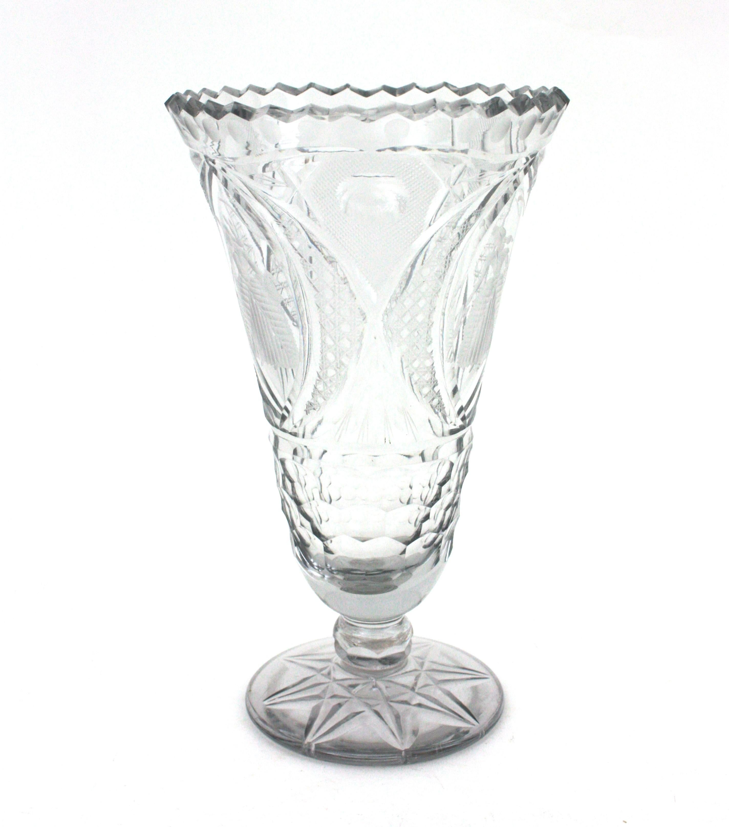 Spanish Unmatching Pair of Cut Crystal Vases or Hurricane Candle Holders For Sale