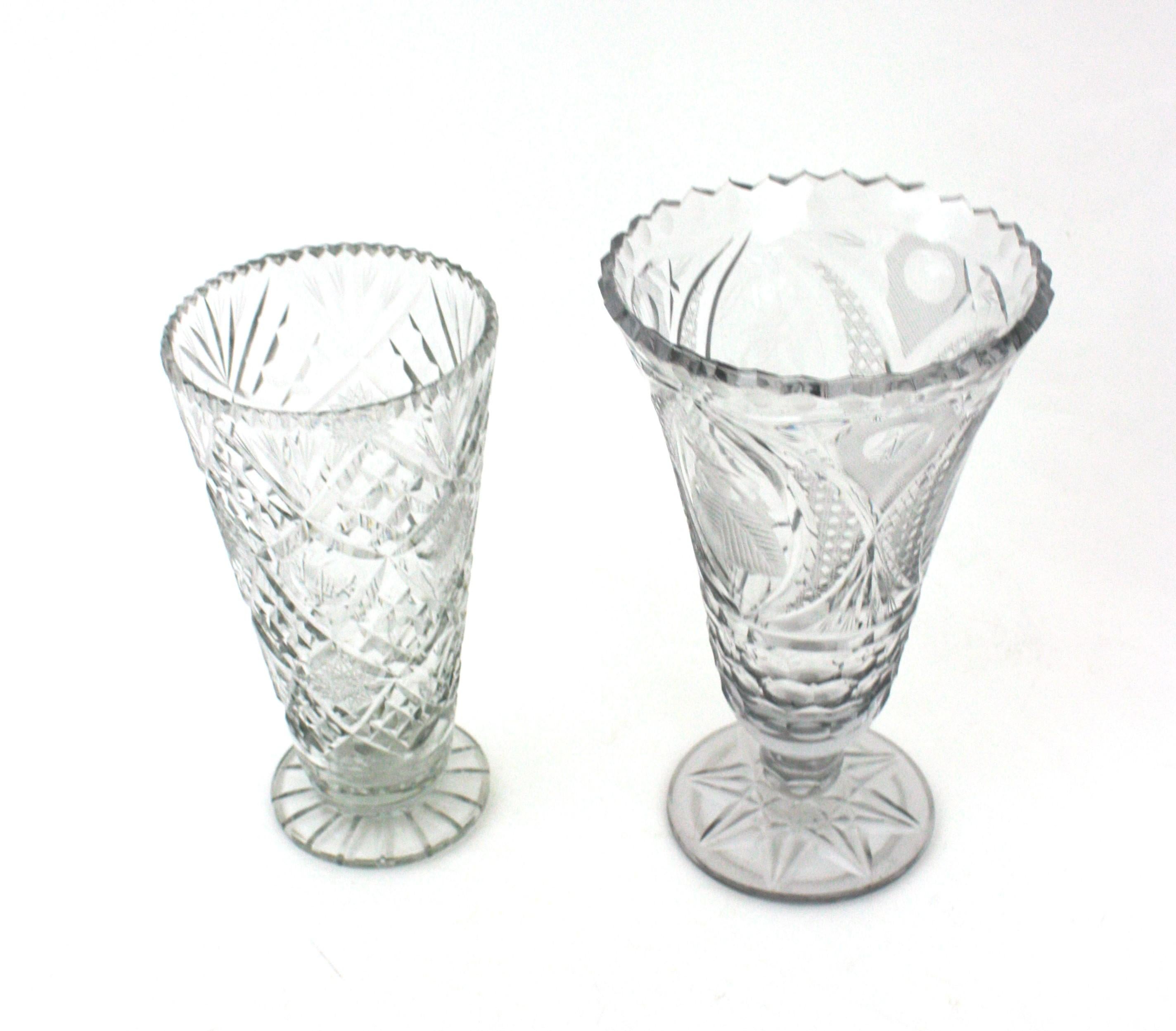 20th Century Unmatching Pair of Cut Crystal Vases or Hurricane Candle Holders For Sale